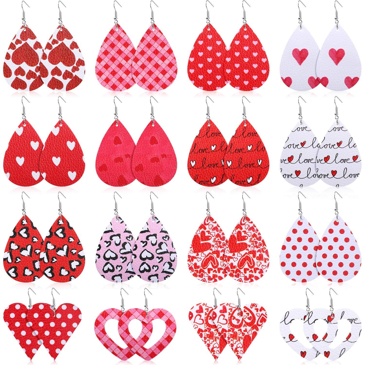 16 Pairs Valentines Day Faux Leather Earring Women Teardrop Dangle Heart Earr...