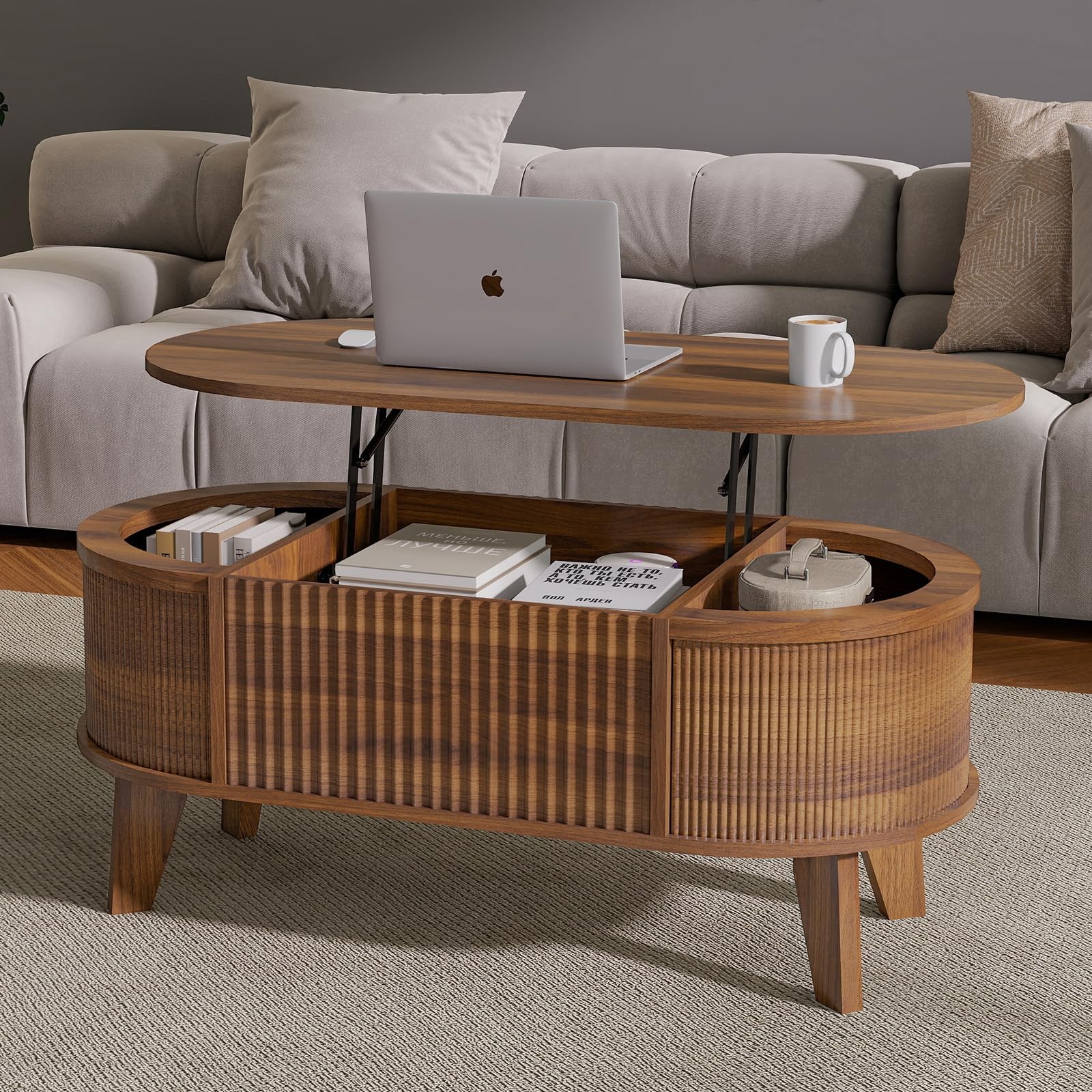 Fluted Lift Top Coffee Table with Storage,Modern Oval Coffee Table for Living...