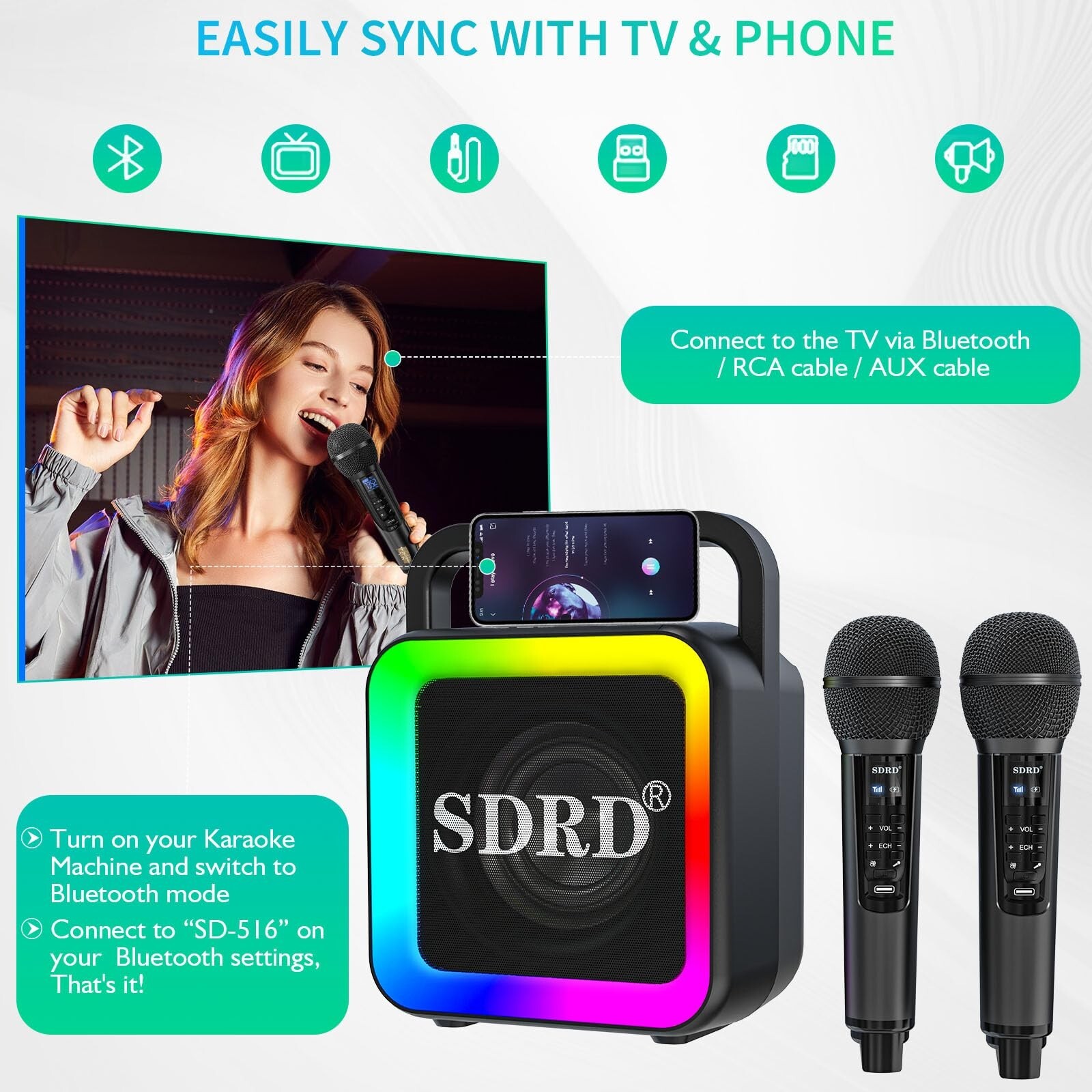 Karaoke Machine with Two Wireless Microphones, Portable Bluetooth Speaker for...