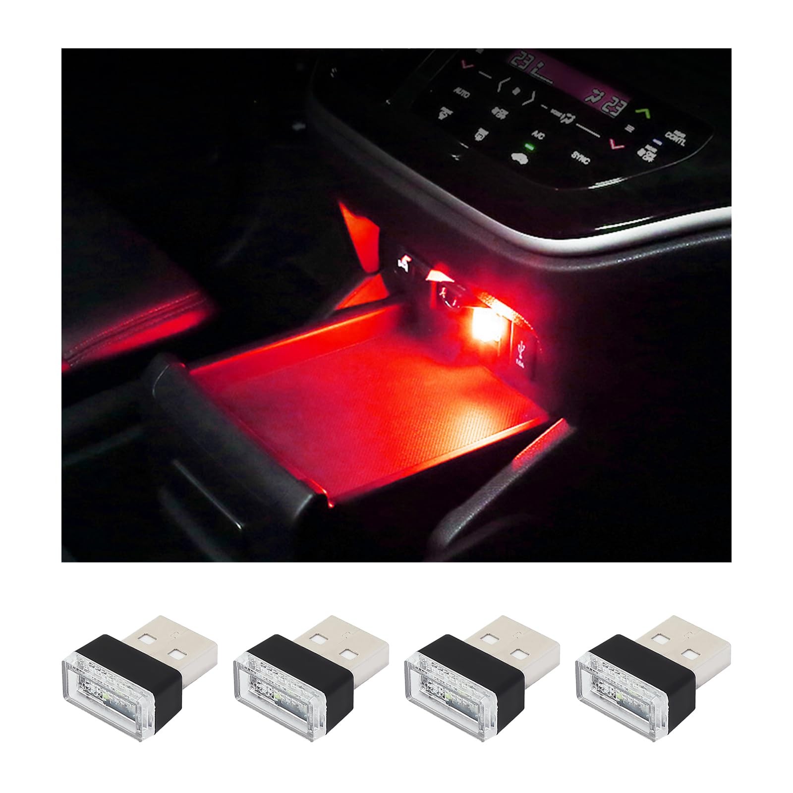 Augeny 4 PCS USB LED Car Interior Atmosphere Lamp, Plug-in Decor Red