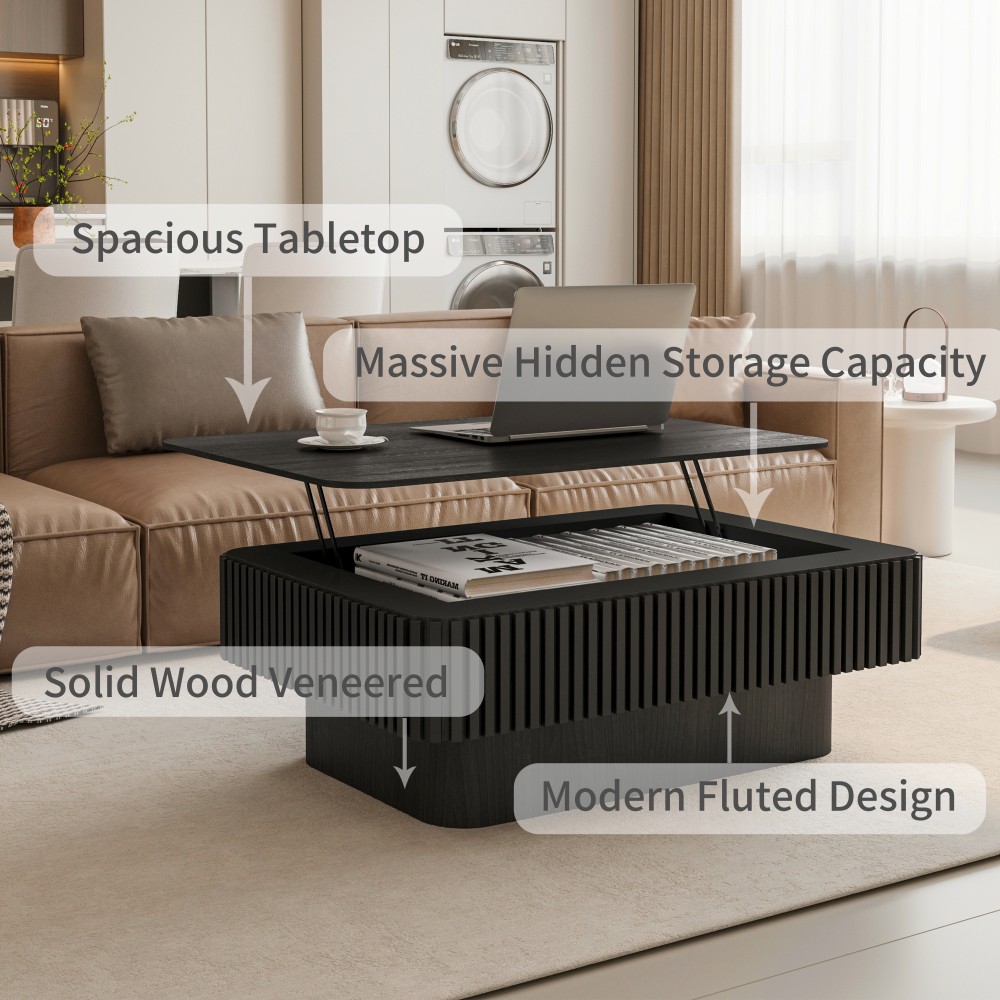 38.6'' Fluted Lift-top Coffee Table Solid Wood Veneered Modern Coffee