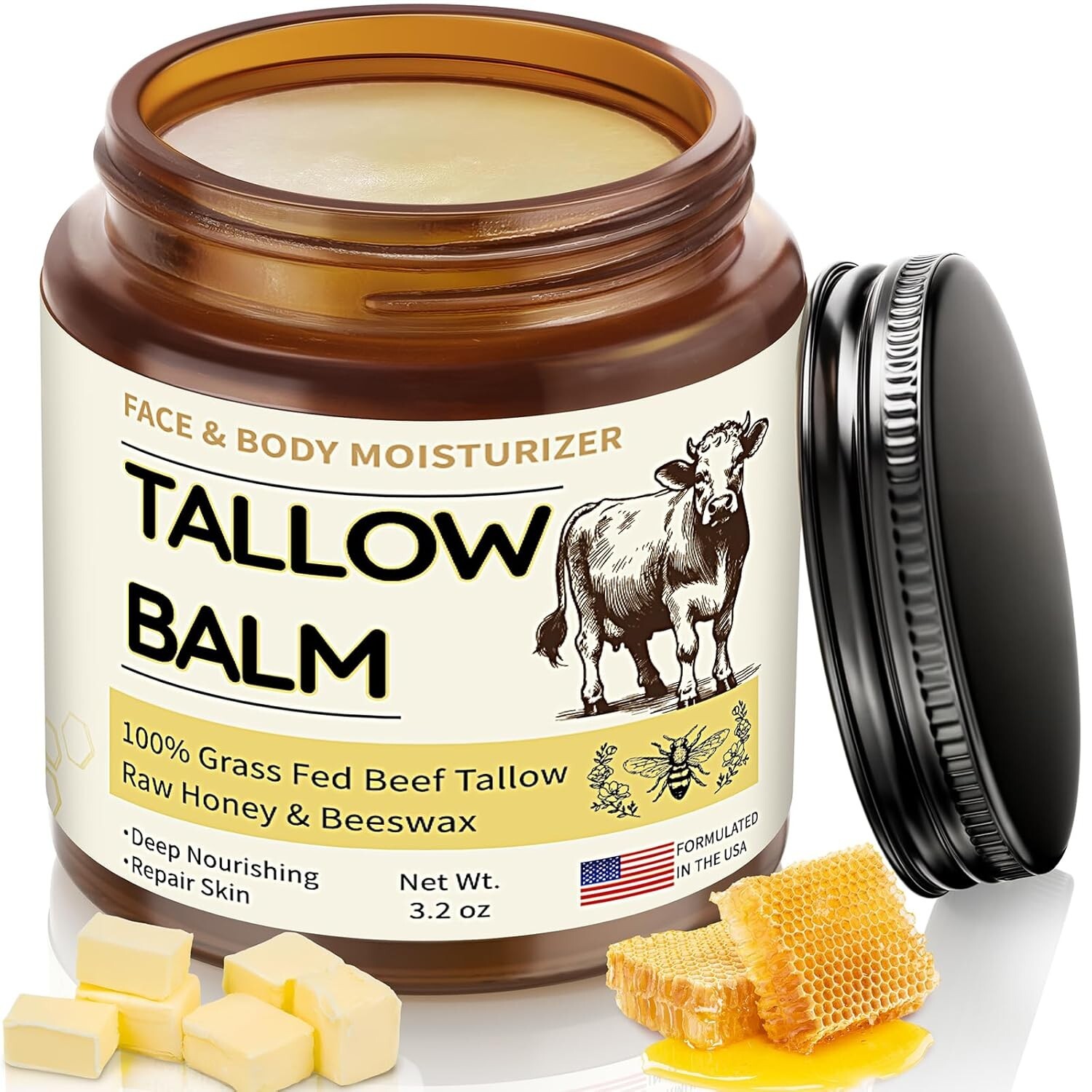 Veakoo Beef Tallow for Skin, Organic Whipped Tallow and Honey Balm, Grass Fed...
