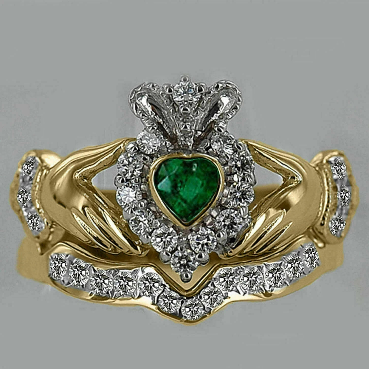 2Ct Heart Claddagh Lab Created Emerald Engagement Ring 14K Yellow Gold Plated