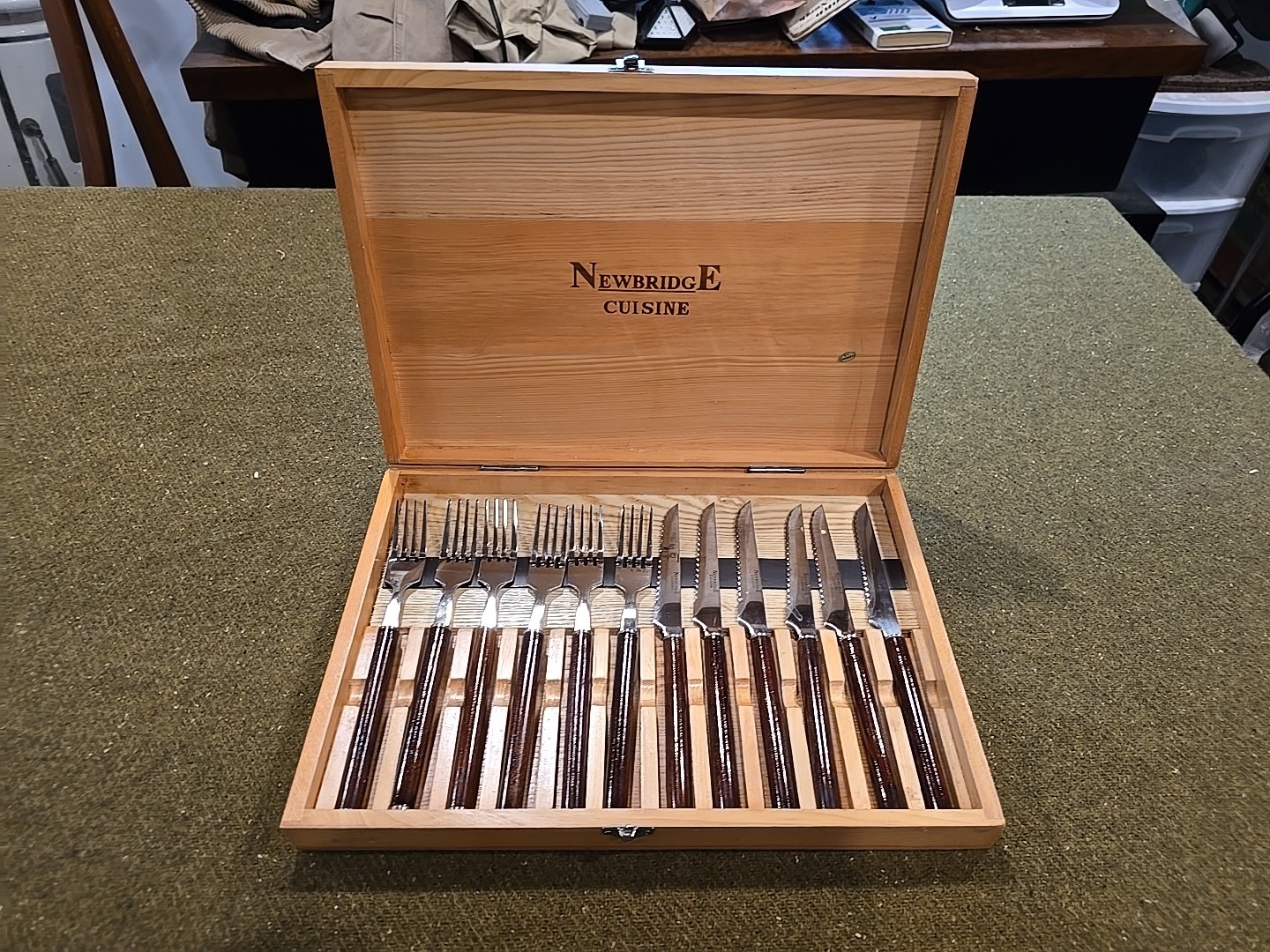 Vintage Newbridge Cuisine Cutlery 12 pc Lot Wood Handle Forks Knives Wooden Box