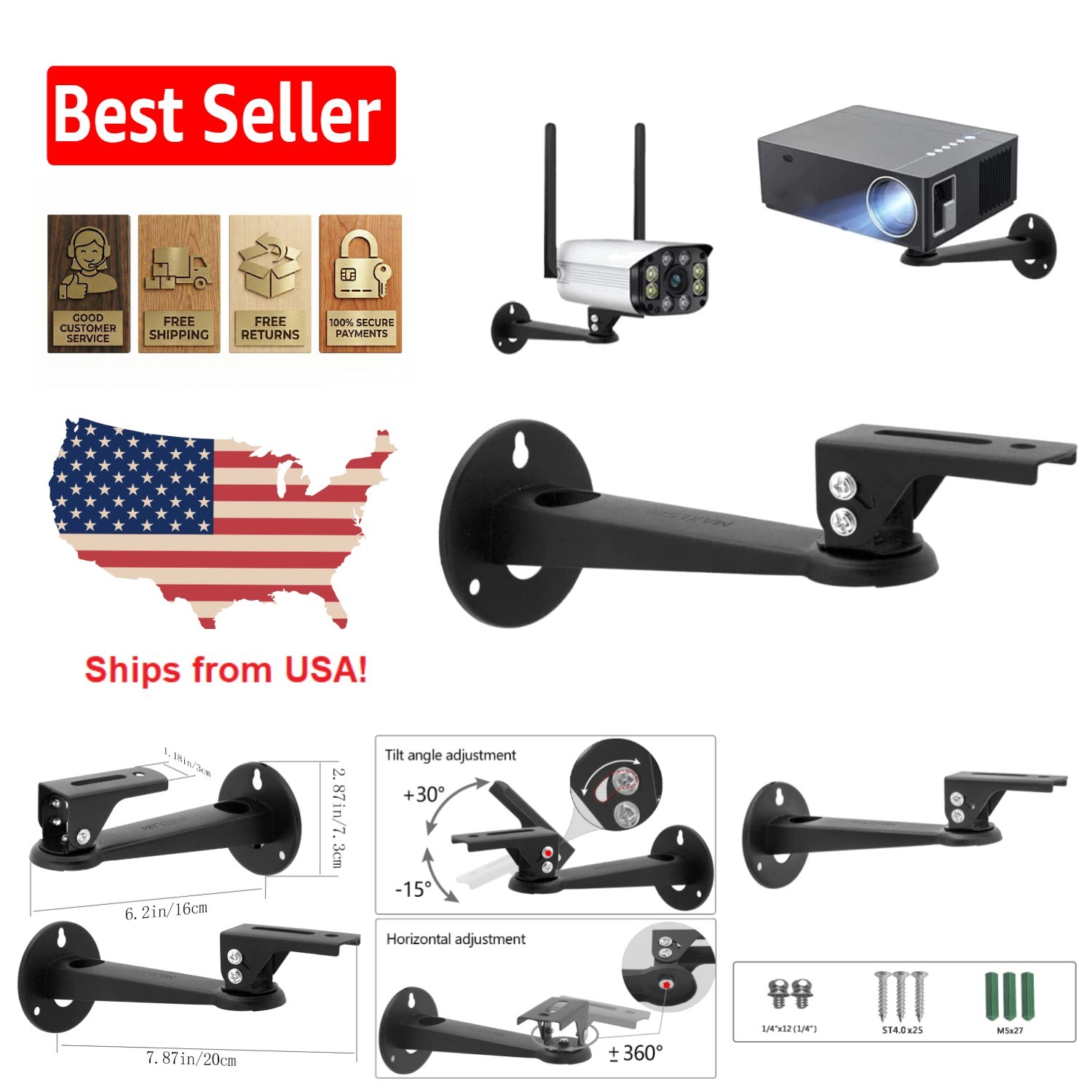 Versatile 360° Adjustable Mini Projector Mount - Space-Saving Design in Black