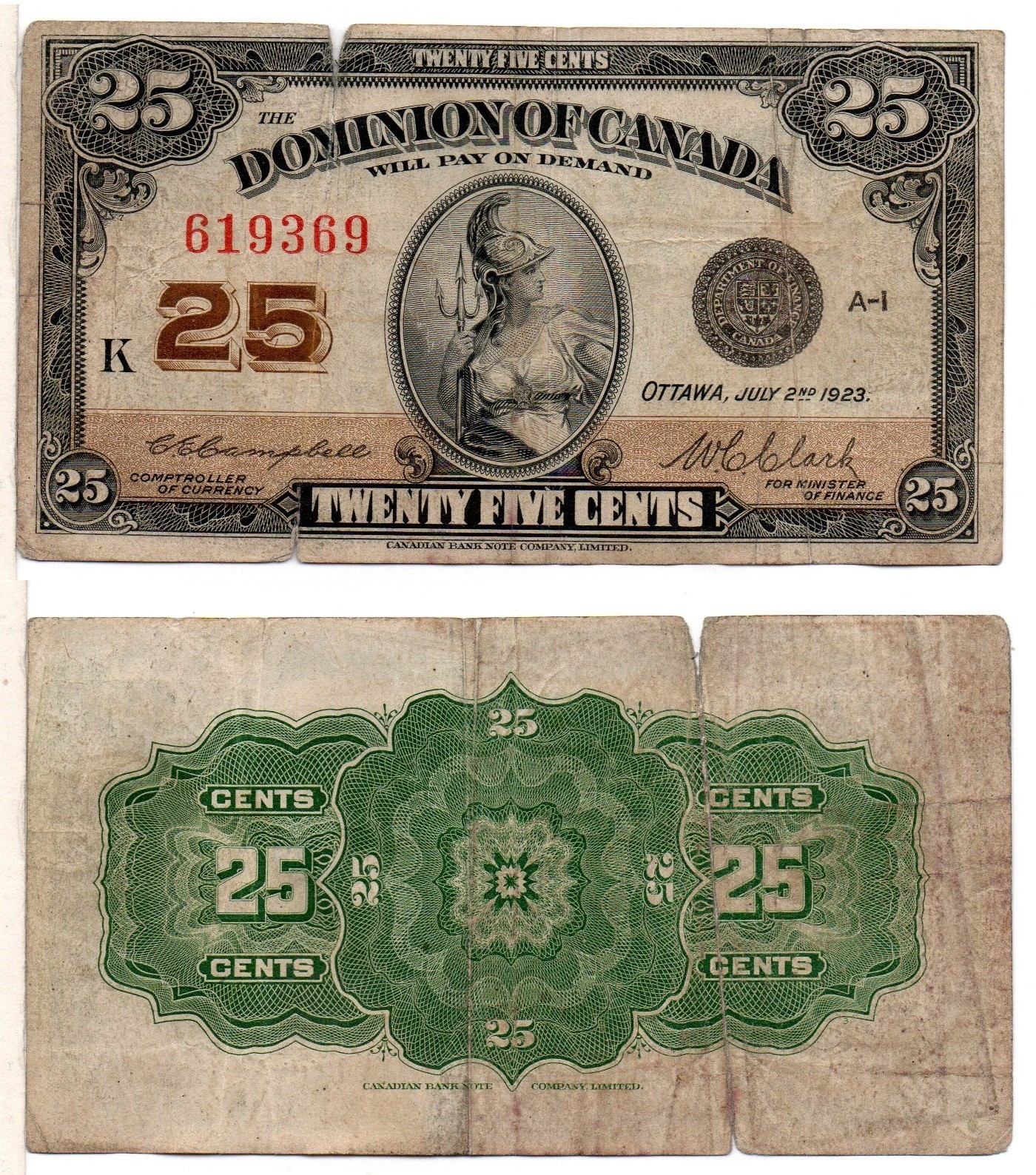CANADA 25 Cents (07-02-1923) Pick 11c, Fine *FREE Shipping to Canada*