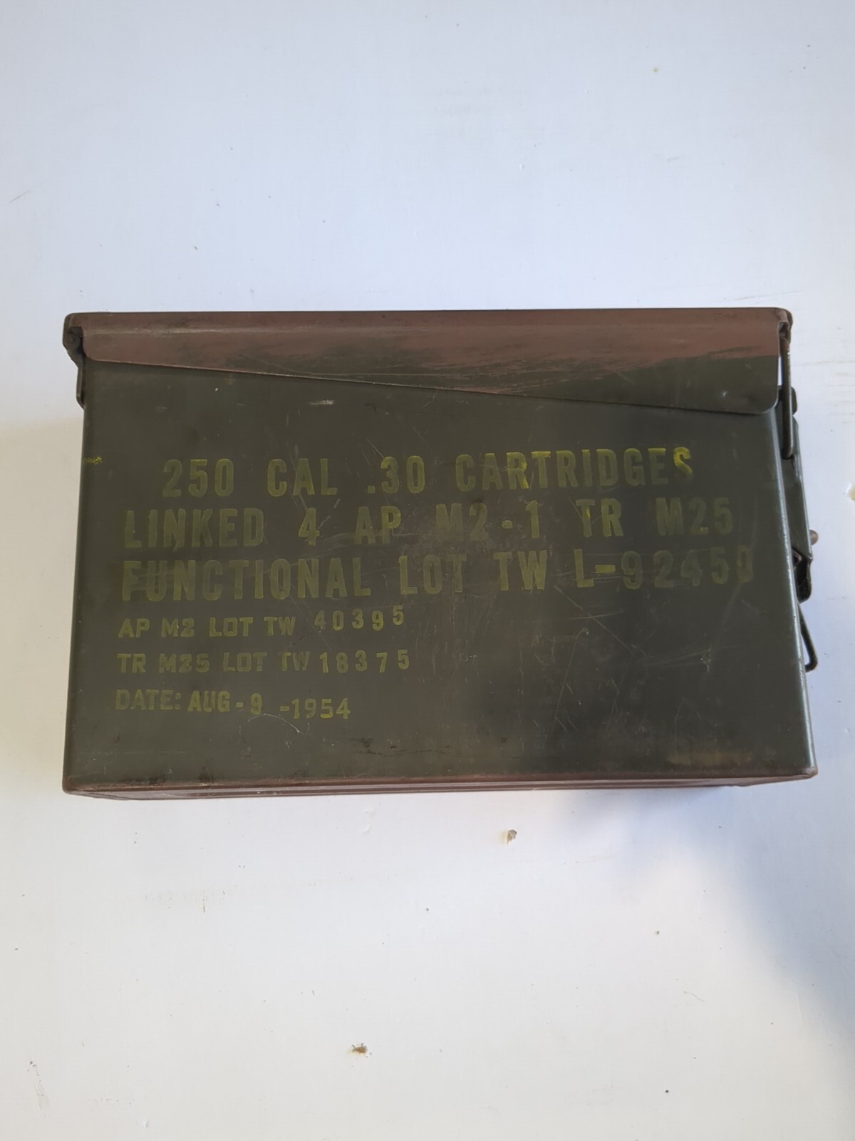 Vintage Military Metal Ammo 250 Cal .30 Linked 4 Ap M2-1 Tr M2 Lot Tw Aug 9 1954