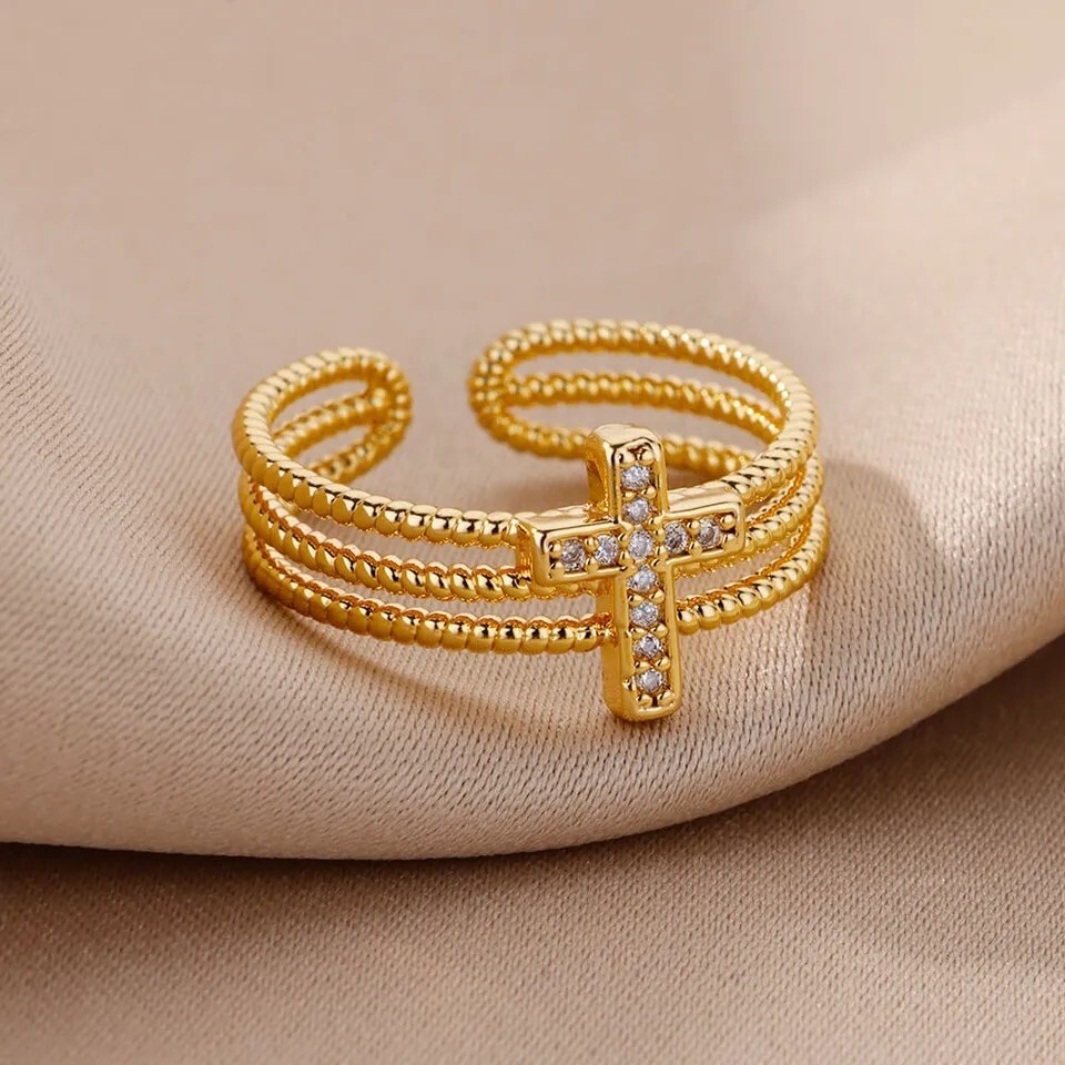 New Classic Adjustable Stainless Steel Cross Rings Unisex Silver Gold Color Open