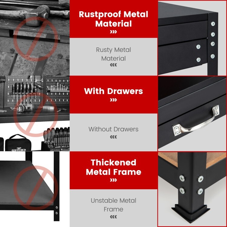 Workbench Multi Purpose Garage Wood Work Table Tool Organizer w/Drawers & Hooks