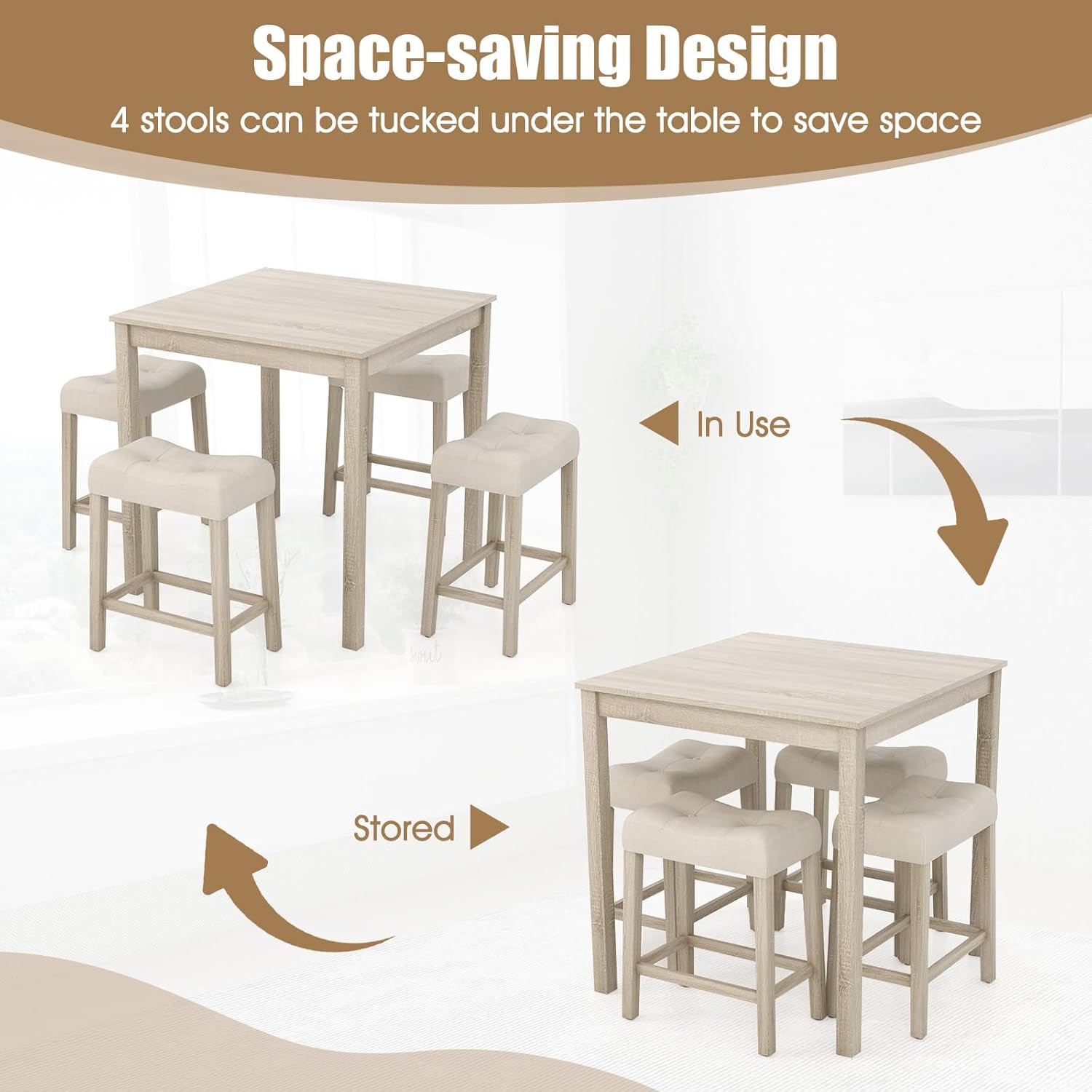 5-Piece Space-Saving Bar Table Set with Padded Stools for Small Spaces
