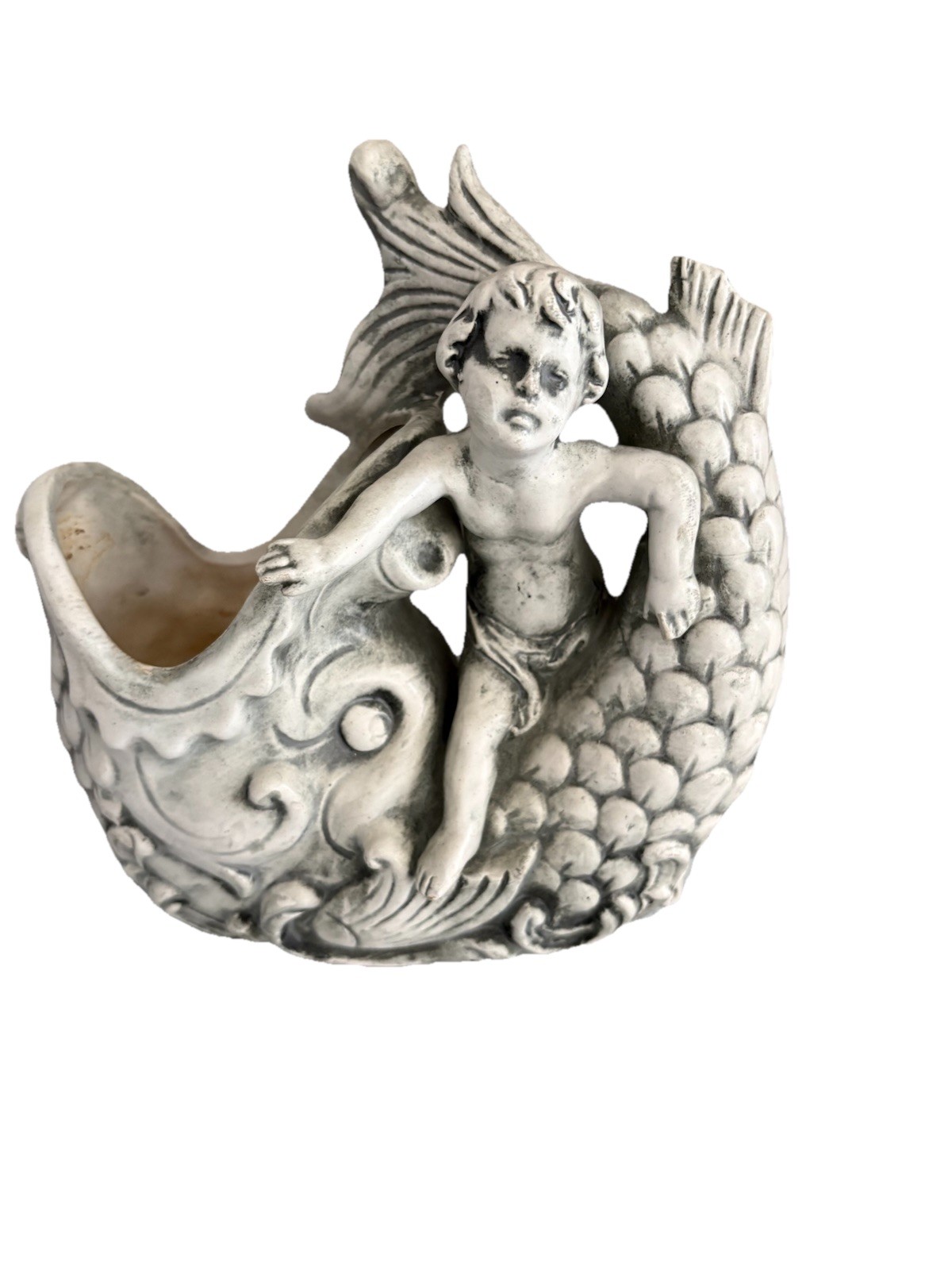 Ceramic Koi Carp Planter With Cherub Nautical Grey