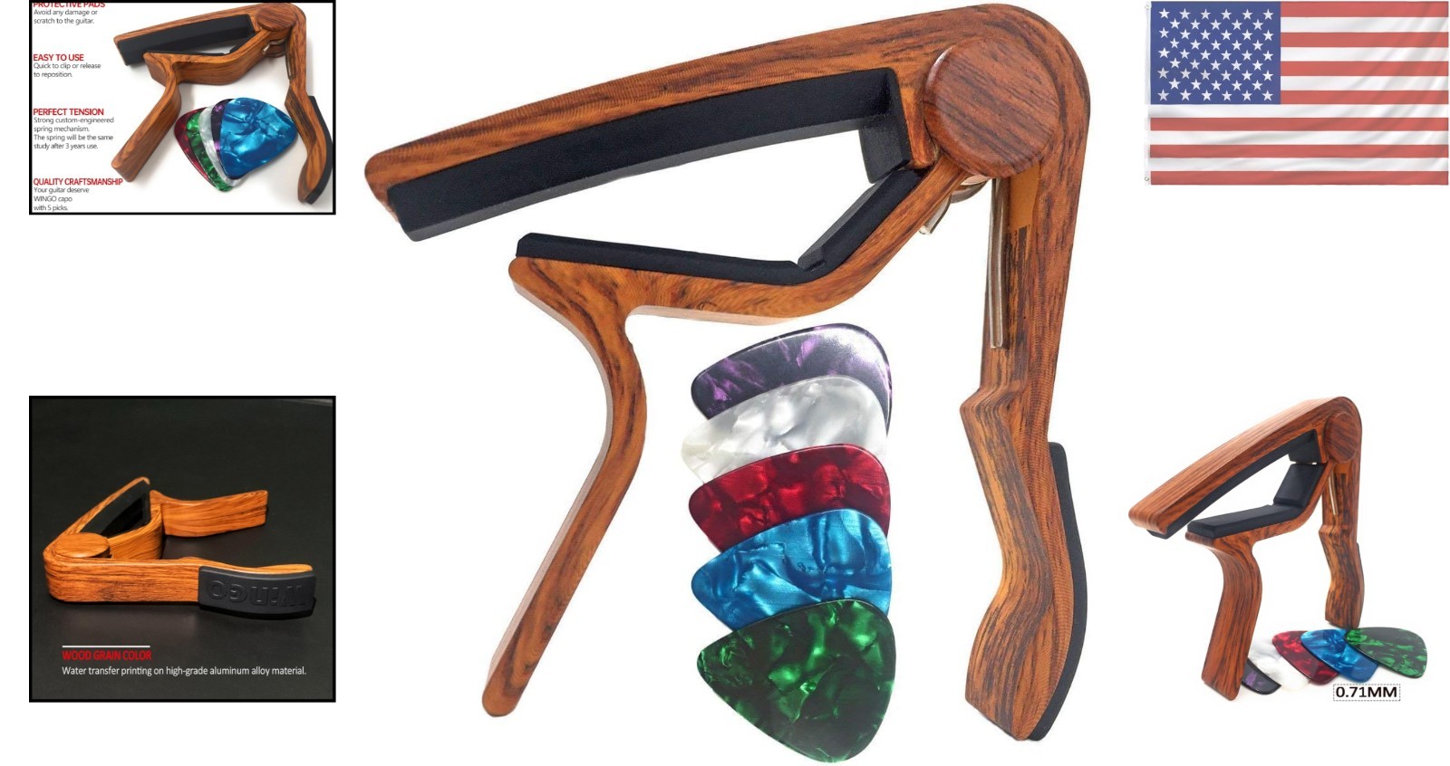 Rosewood Guitar Capo with 5 Picks - Versatile for All String Instruments