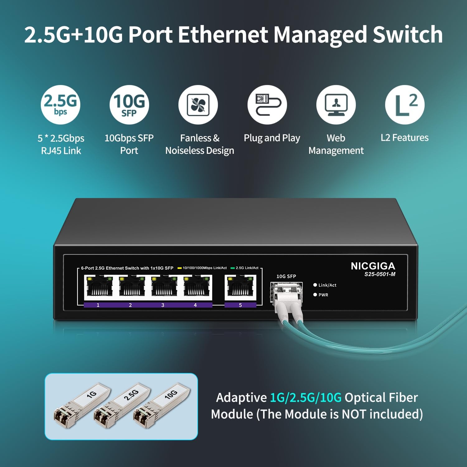 NICGIGA 6 Port 2.5G Web Smart Managed Ethernet Switch 5x2.5Gbps Base-T&1x