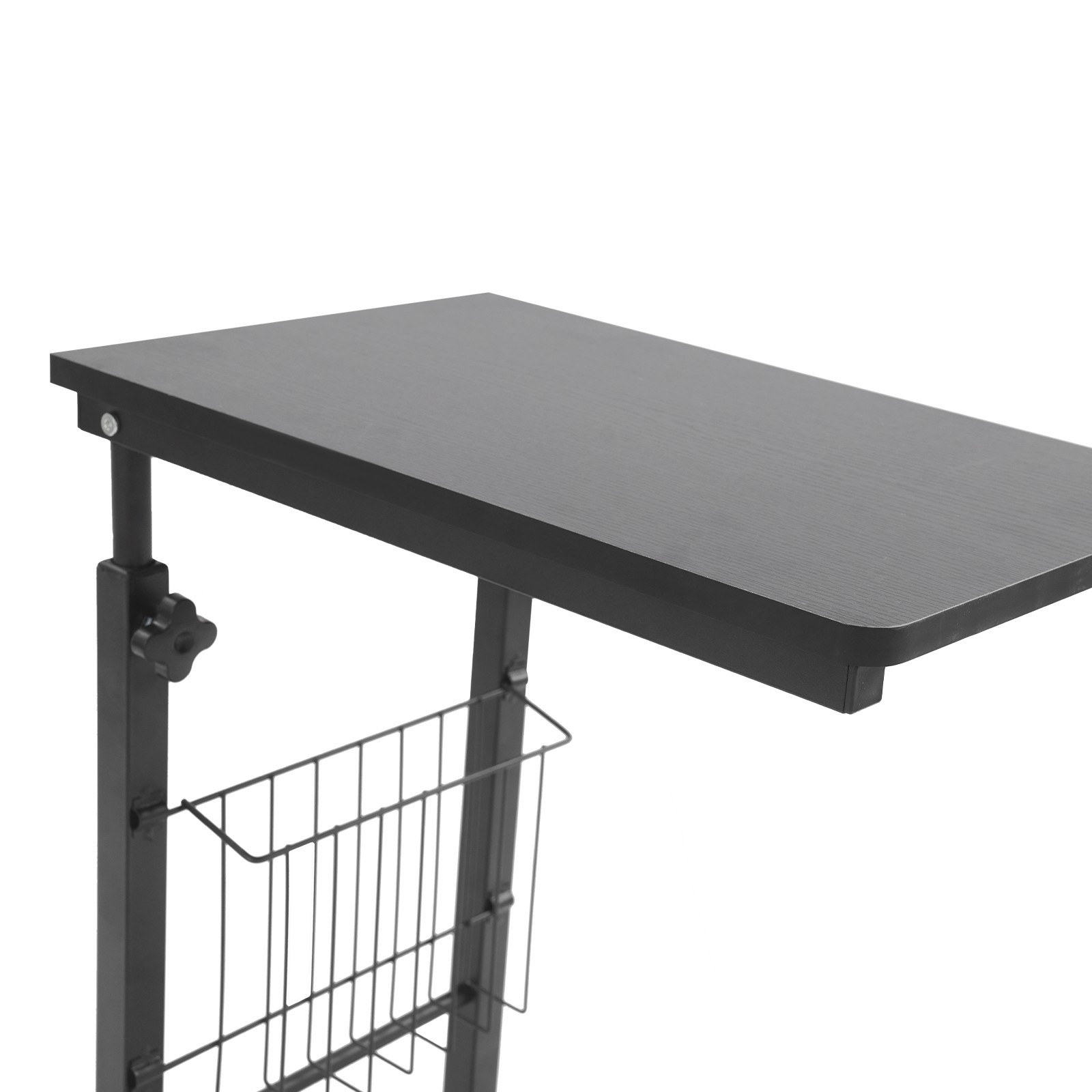 2 Tiers Adjustable Bed Side Table Black Indoor Mobile Standalone Table w/ Wheels