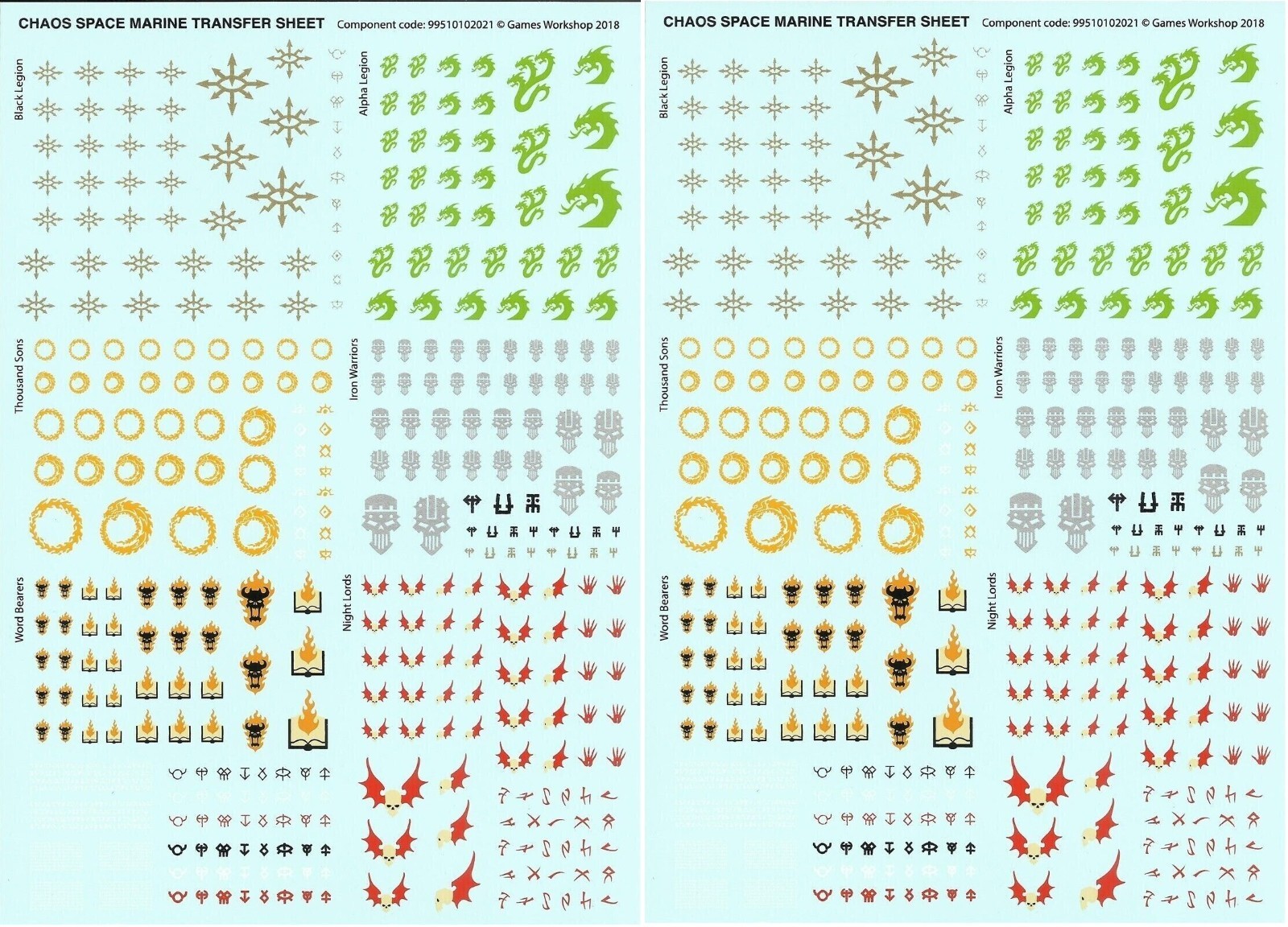 Warhammer 40k Chaos Space Marines transfer sheet 2 SHEETS - New