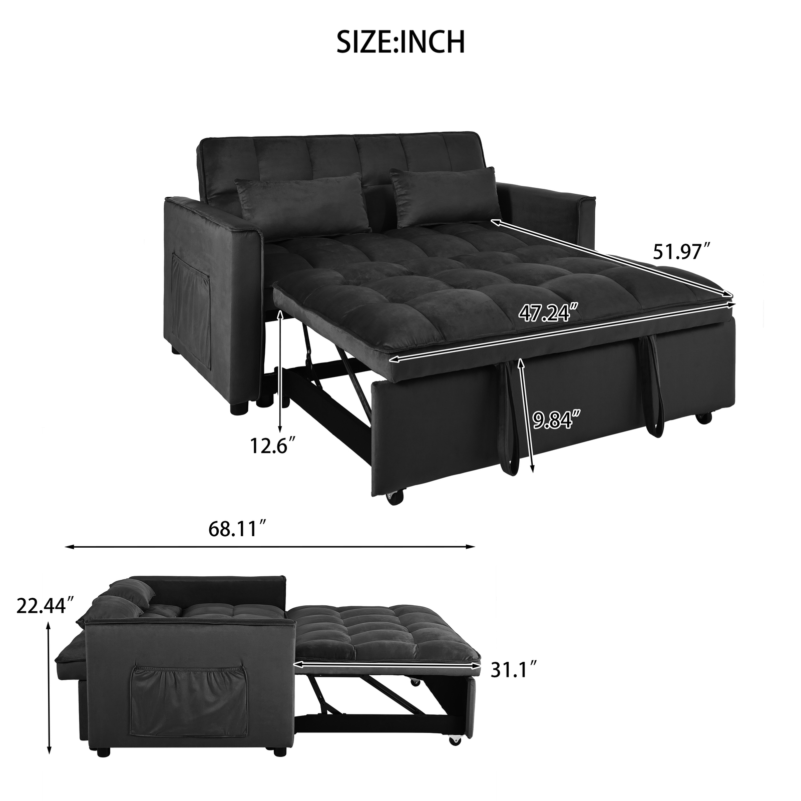 Soft Velvet High Density Foam Sofa Bed Pull Out Couch Bed Metal Frame Wood Legs