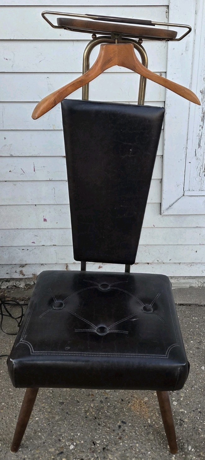 Butlers Chair Vintage Gentlemans Valet MCM Black Vinyl & Brass Plated Steel