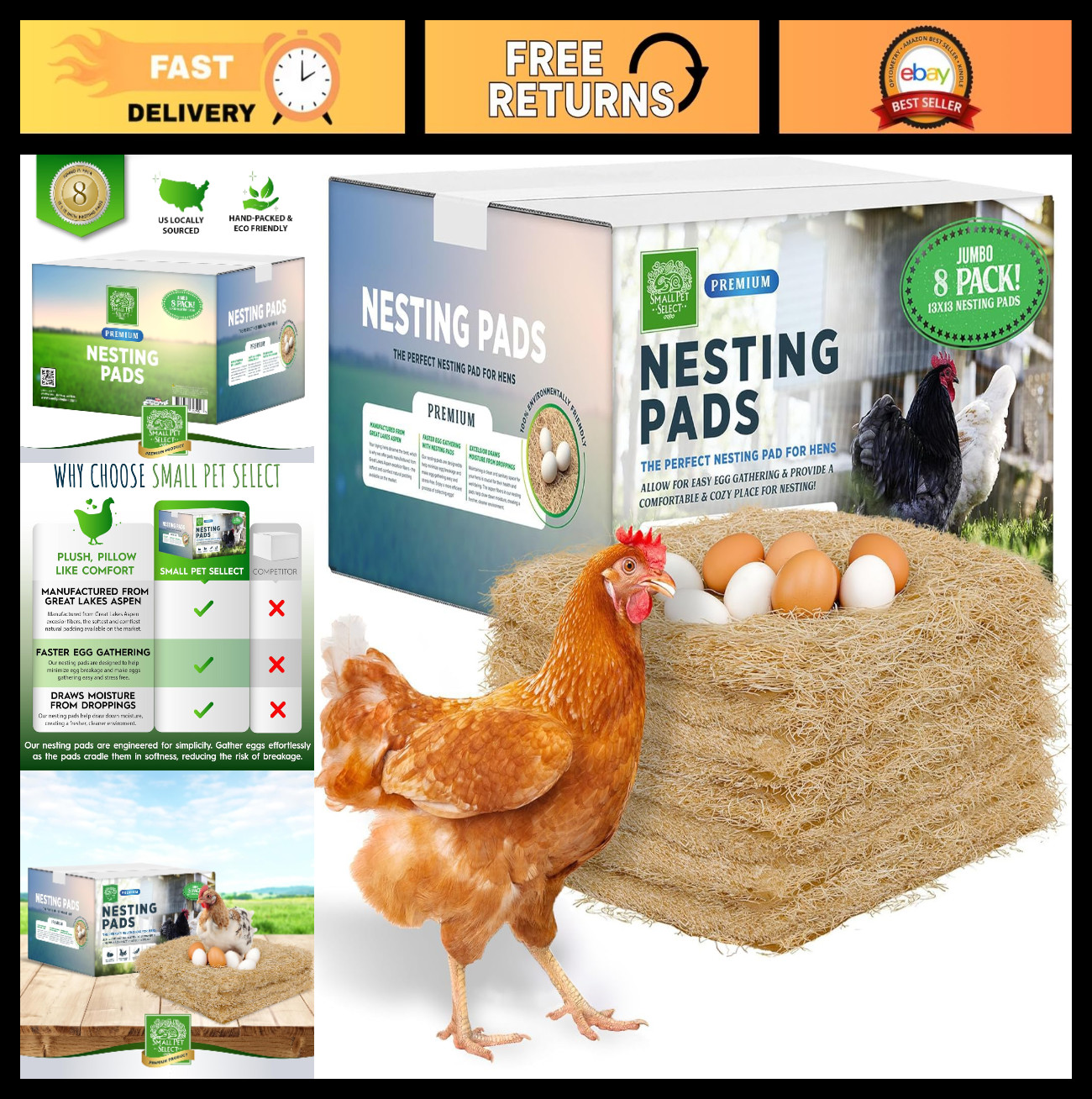 Chicken Nesting Pads 8-Pack, 13x13 for Hens, Fits Most Nest Boxes, Coop Liners