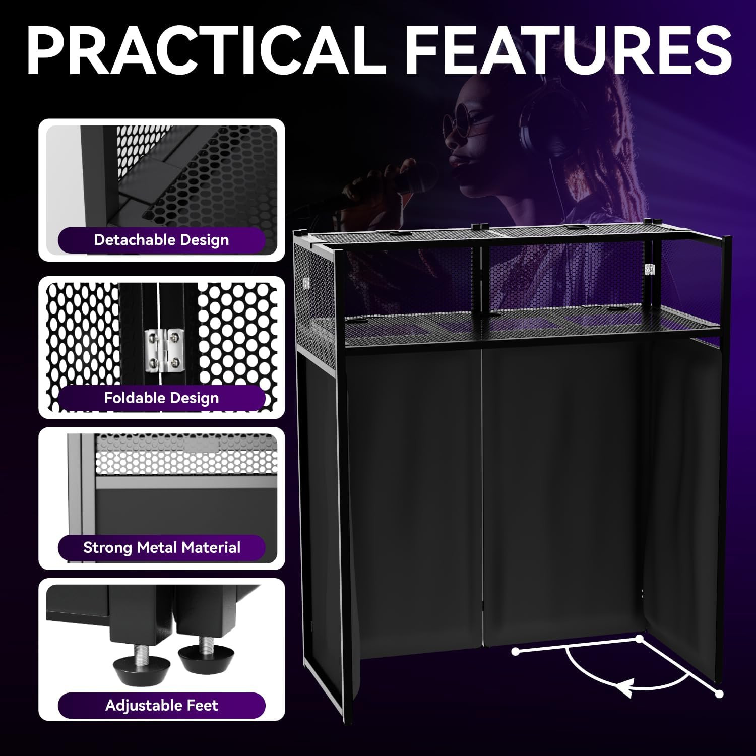 Portable DJ Booth Table,Foldable DJ Table Stand with White & Black Scrim,Adjusta