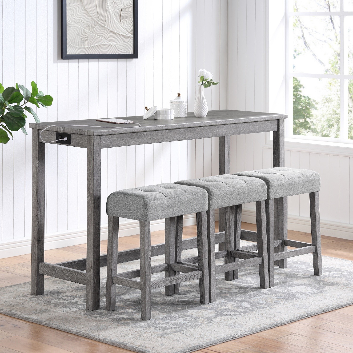 4 Piece Bar Table Set with 3 Saddle Bar Stools & Power Outlet for Small Spaces