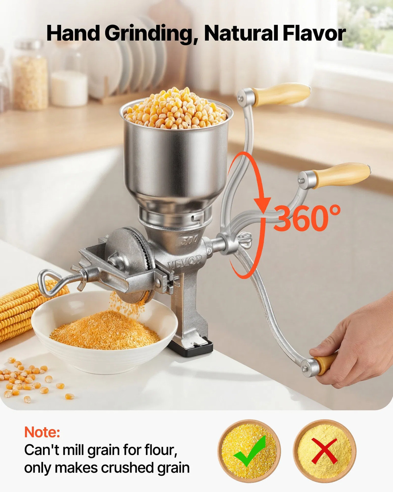 Manual Grain Mill with High Hopper, Hand-Crank Corn Grinder, Heavy Duty Cast Iro