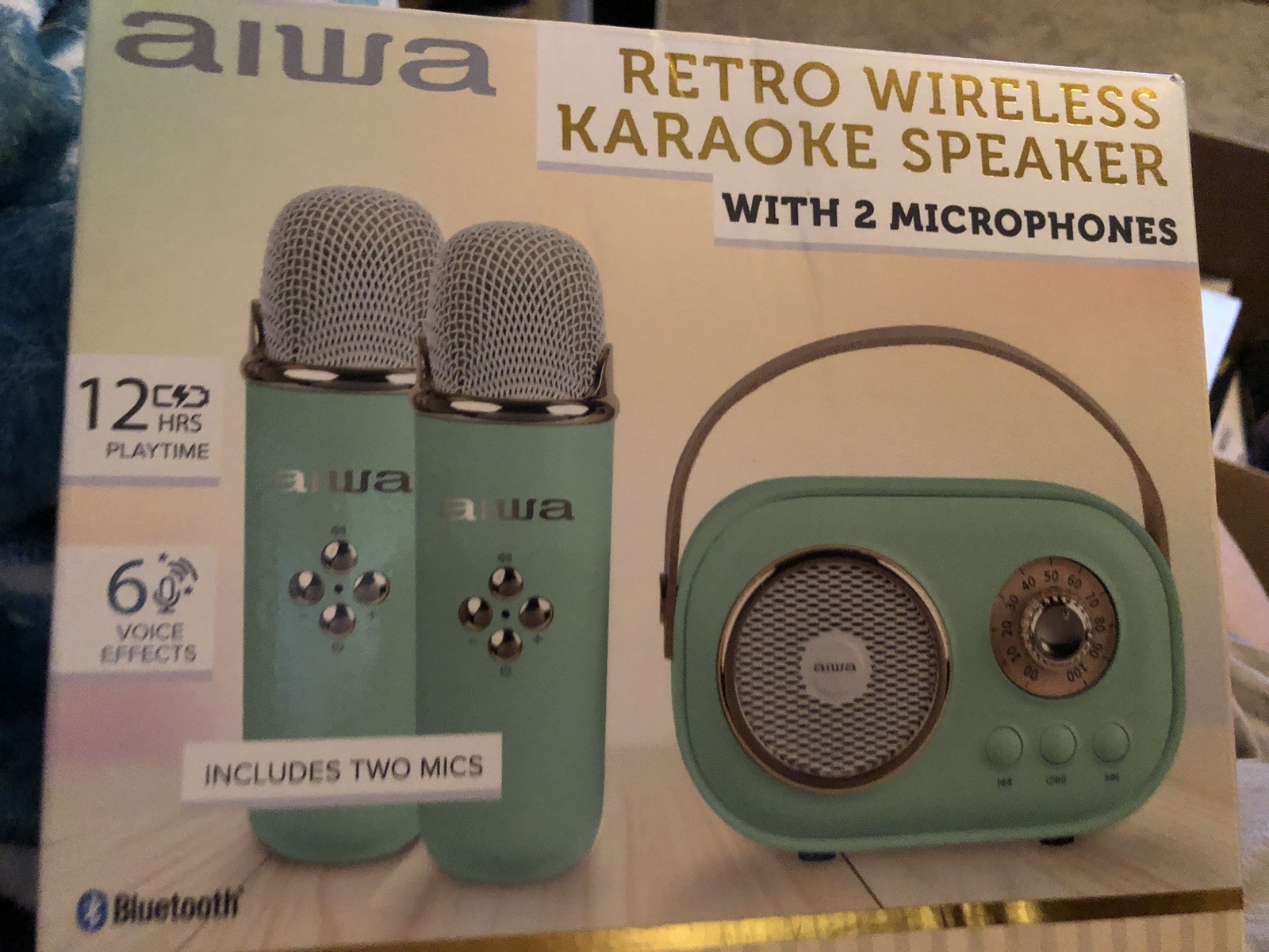 Aiwa Retro Wireless Bluetooth Karaoke Speaker Includes Two Microphones Aqua