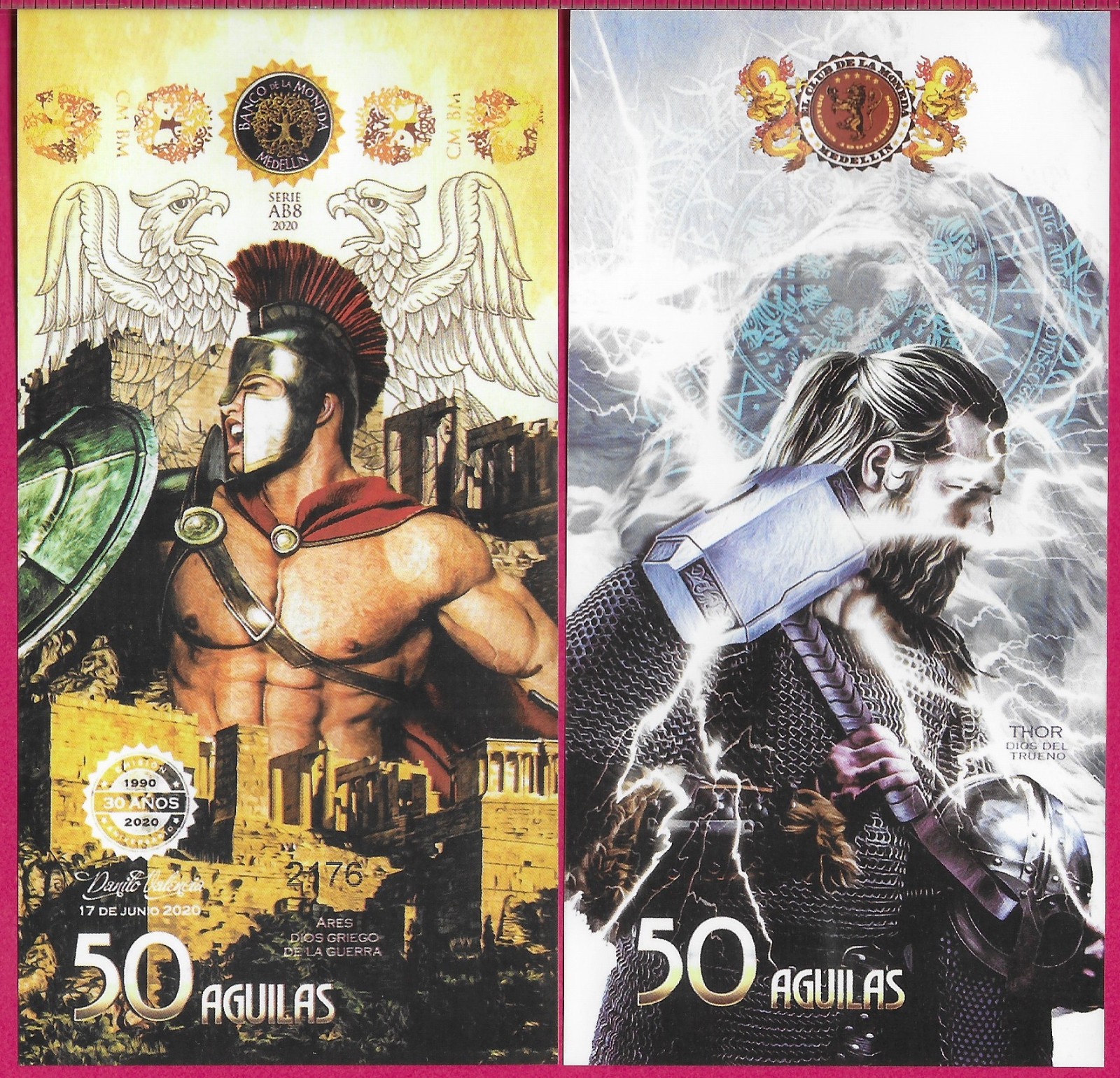 GREECE GREEK GODS 50 AGUILAS 2020 FANTASY NOTE,THOR DIOS DEL TRUENO,ARES DIOS GR
