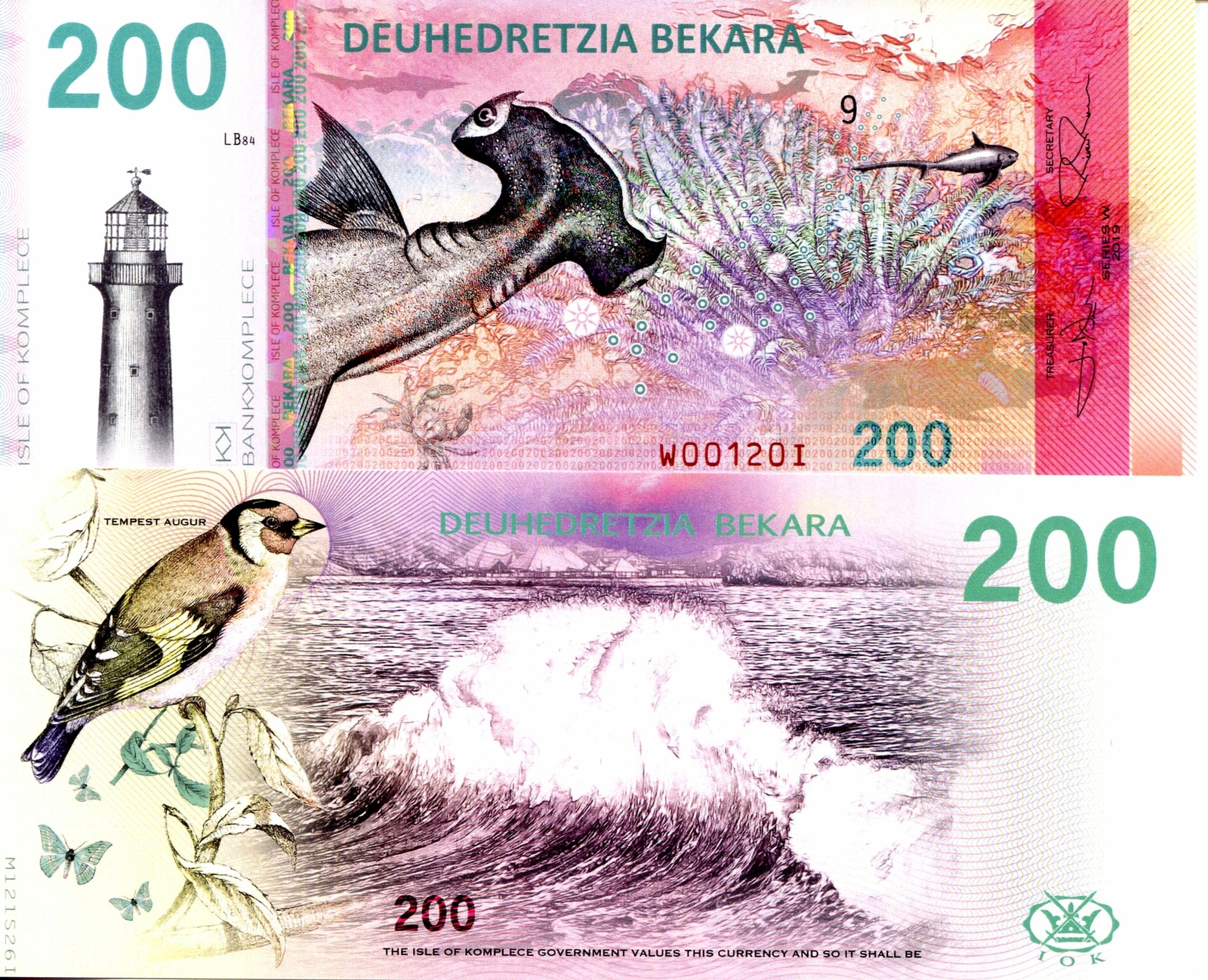 ISLE OF KOMPLECE 200 BEKARA POLYMER FANTASY ART NOTE MUJAND SEA CREATURES BIRD!