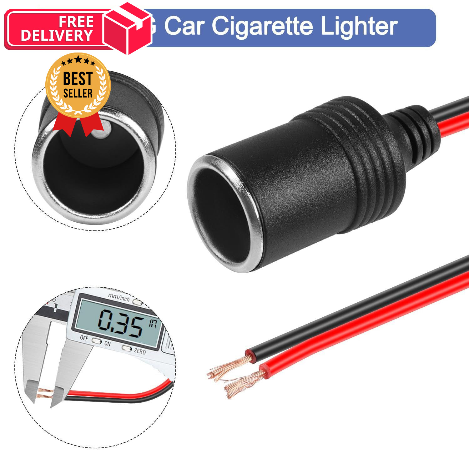 HATMINI 3 Pcs 18AWG Female Car Cigarette Lighter Socket with Bare Wire Open...