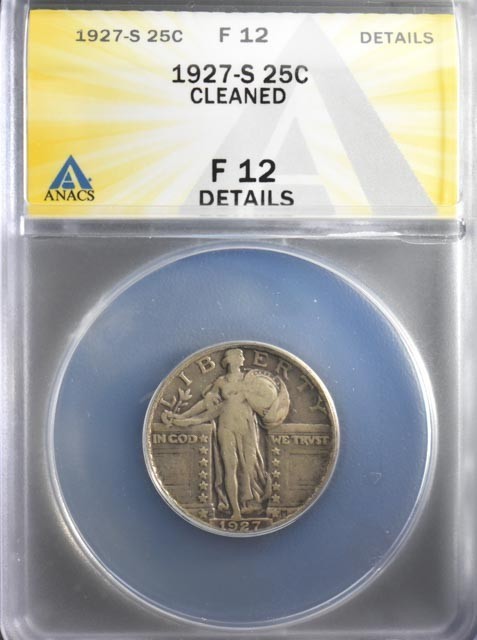 1927 S STANDING LIBERTY QUARTER ANACS F 12 DETAILS CLEANED TONER