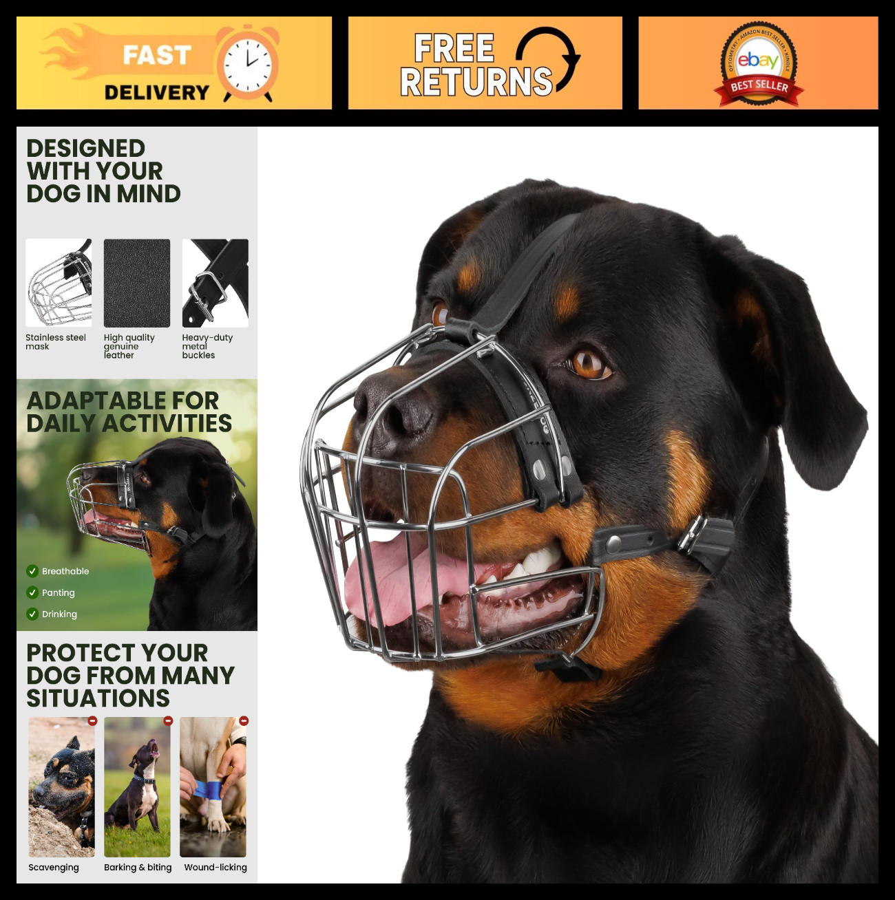 Adjustable Metal Wire Dog Muzzle Large Breeds - Breathable, Durable, Training