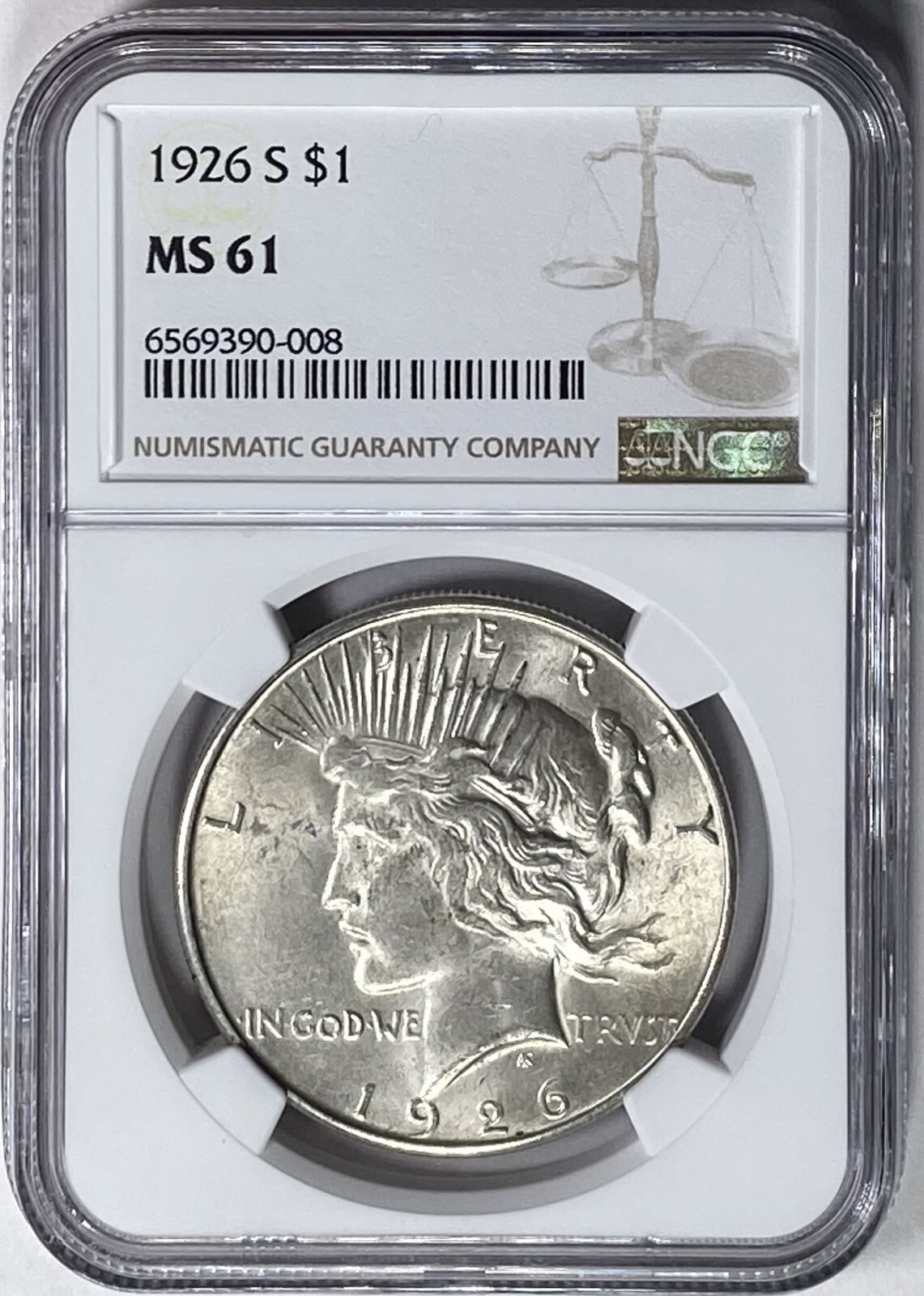 UNCIRCULATED 1926-S Peace Silver Dollar NGC MS61 Lightly Toned XCCY