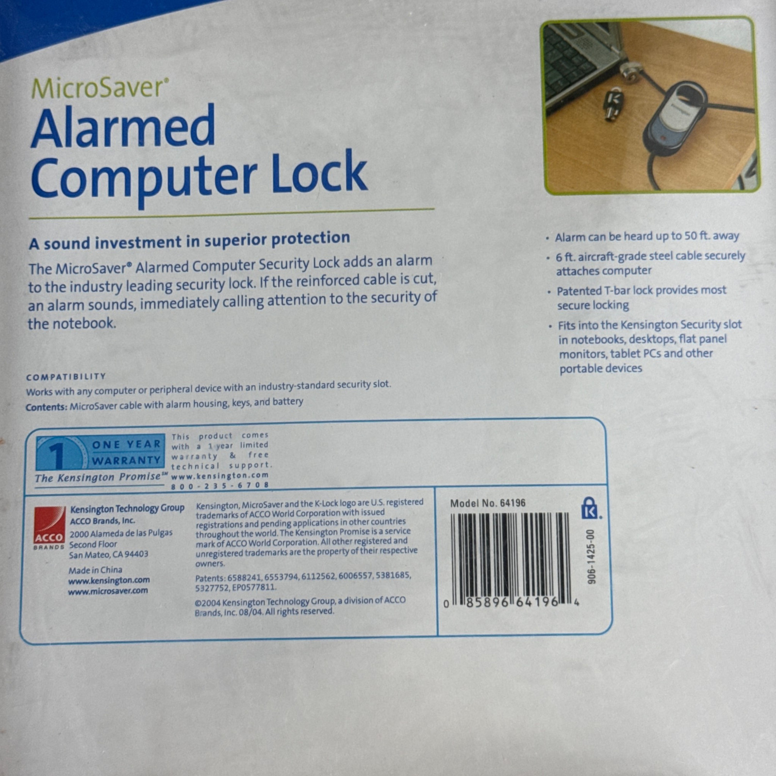 Kensington MicroSaver Alarmed Computer Lock Cable 64196 Laptop Tech Security