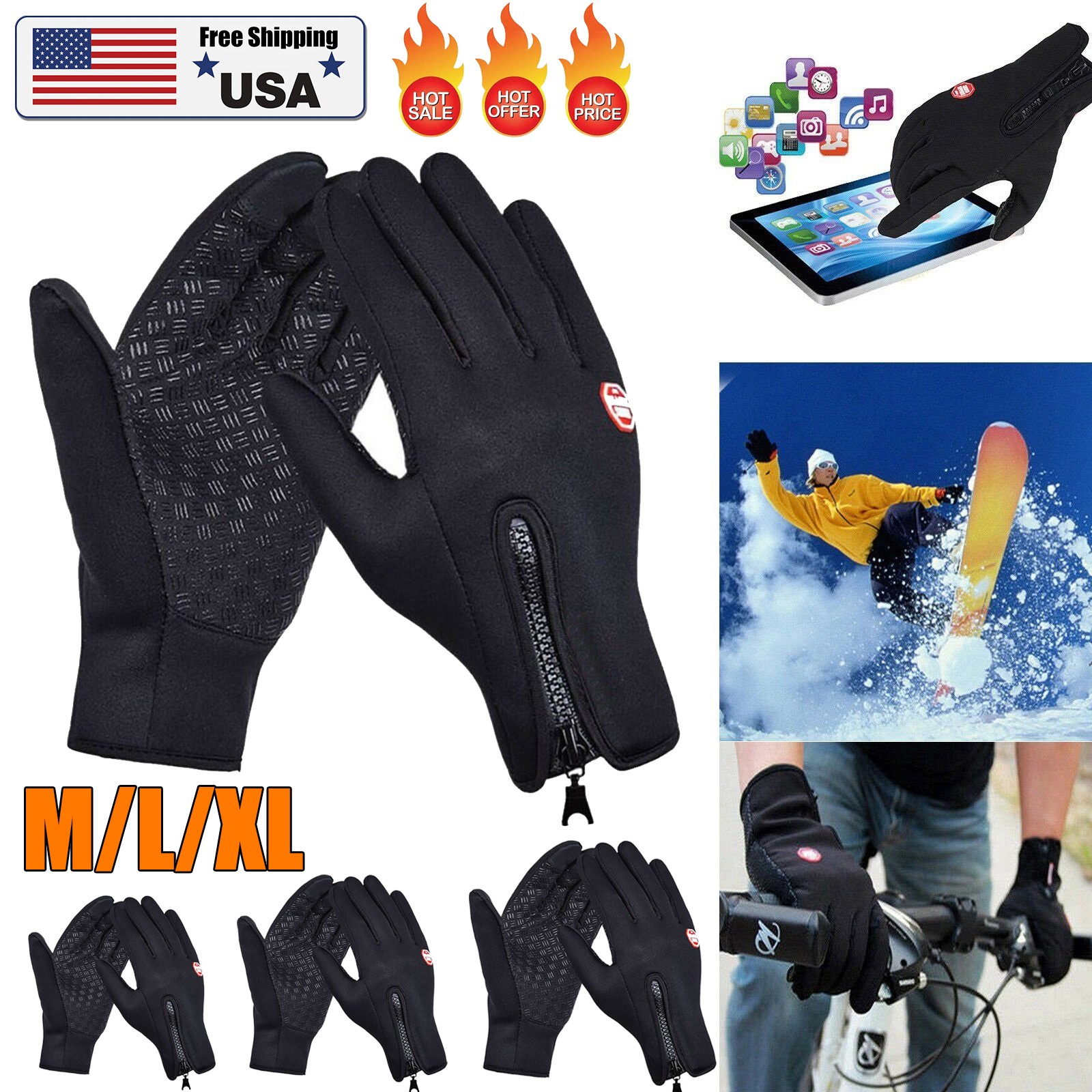 Men Women Thermal Windproof Fleece Lined Winter Gloves Touch Screen Warm Mittens
