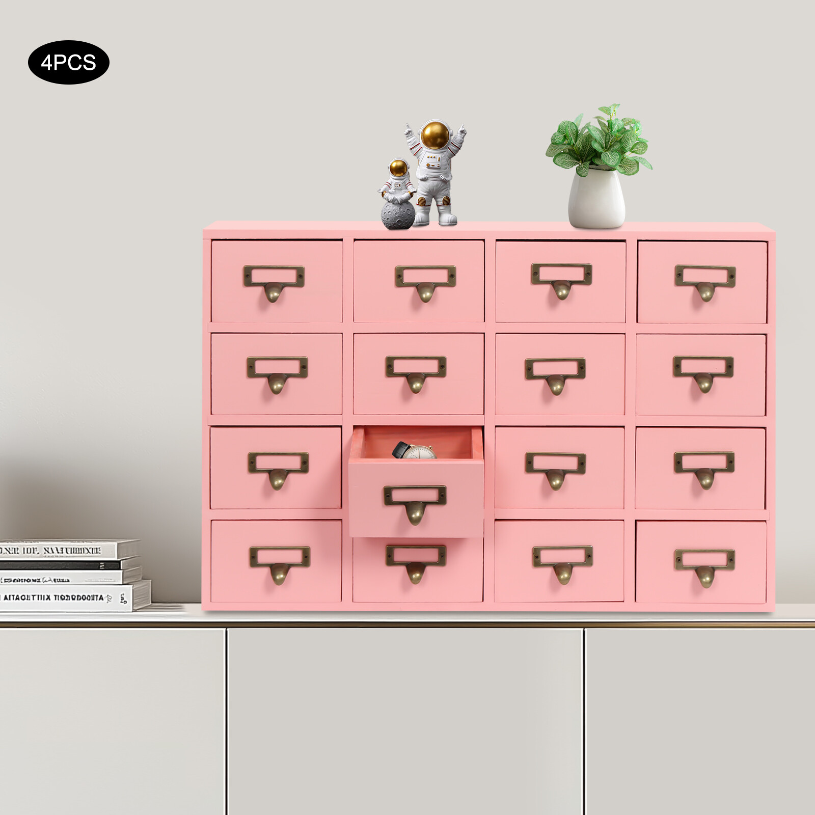 4 PCS 16-Drawer Pink Cabinets Rectangle Storage Cabinet 64-Drawer Storage Box