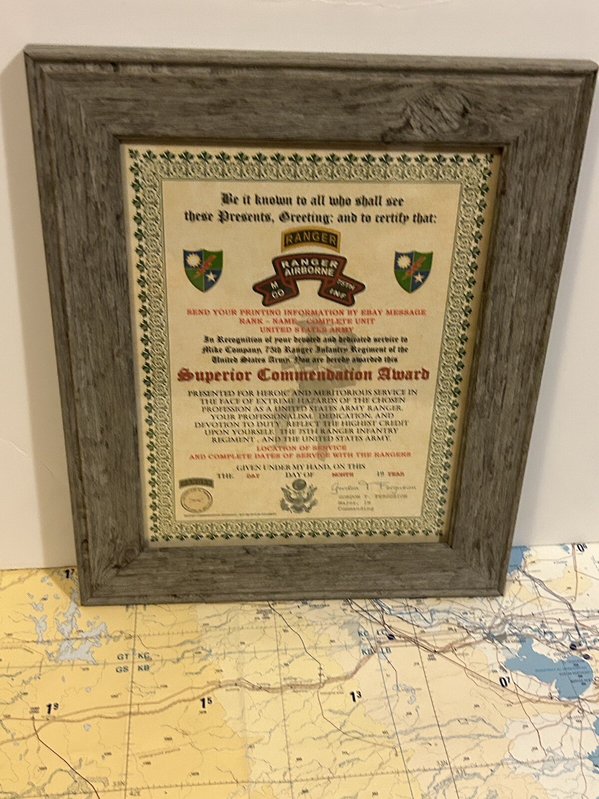 U.S. ARMY - 75TH RANGER / M CO - SUPERIOR COMMENDATION AWARD CERTIFICATE