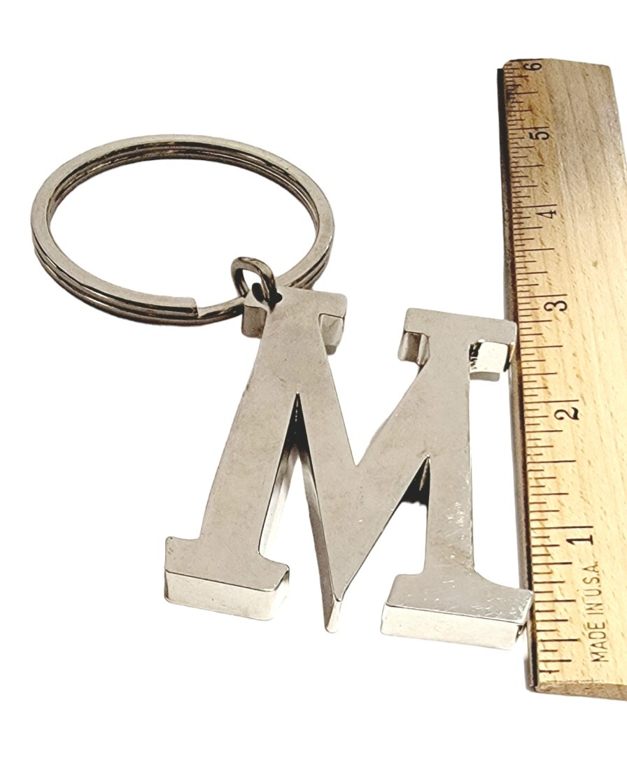 Letter M Keychain Silvertone Block Metal Script M Keyring Initial M KeyTag Ganz