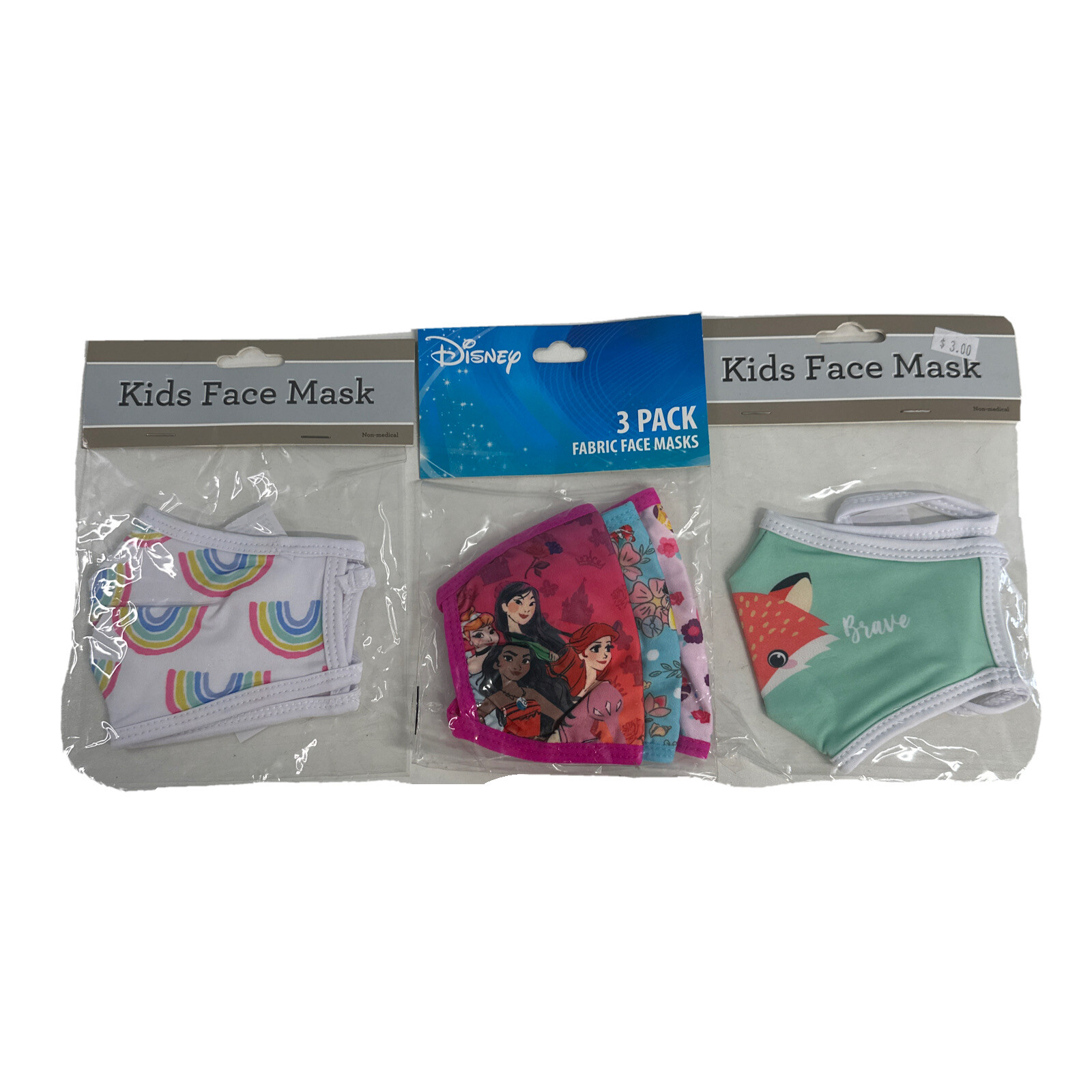 Kids Cloth Face Mask 5-PACK New Disney Princess, Rainbows, Fox Face Be Brave