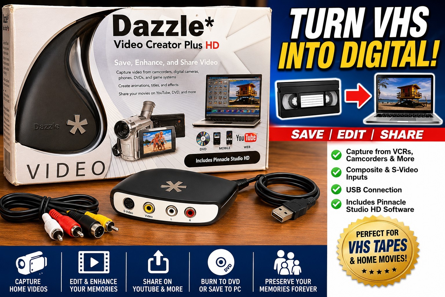 Dazzle Video Creator Plus HD DVC-107 USB Video Capture Device Open Box