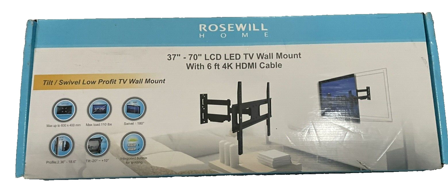 Rosewell Home Wall Mount w/6ft 4K HDMI Cable 37"-70" Max Load 110 lbs