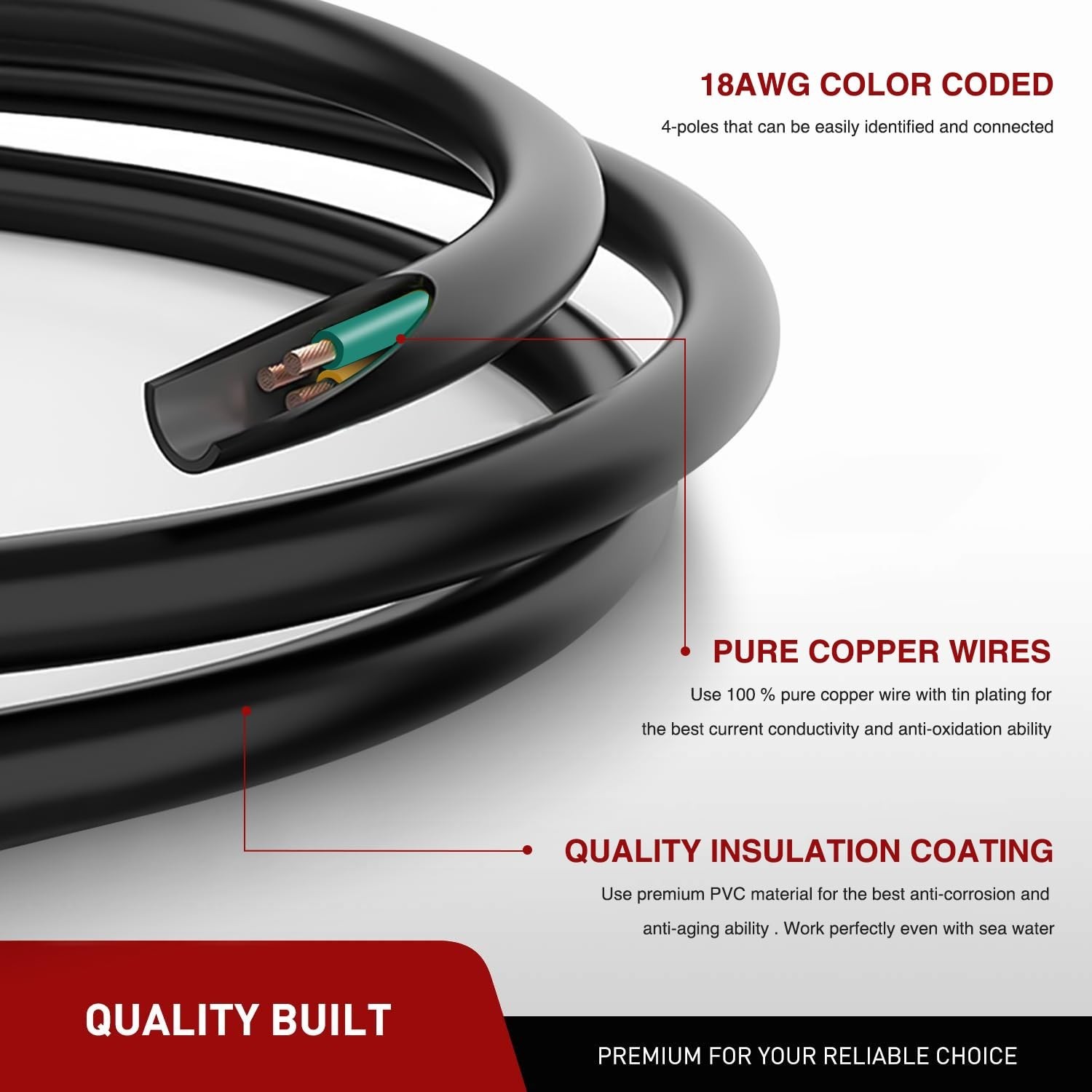 Heavy Duty 4-Way Trailer Extension Cable – 5 Feet, Pure Copper, Weatherproof