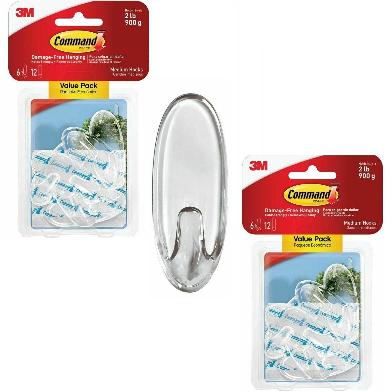 2 Packs 3M Command 6 Medium Clear Hooks & 12 Adhesive Strips Per Pack Max 2 lb