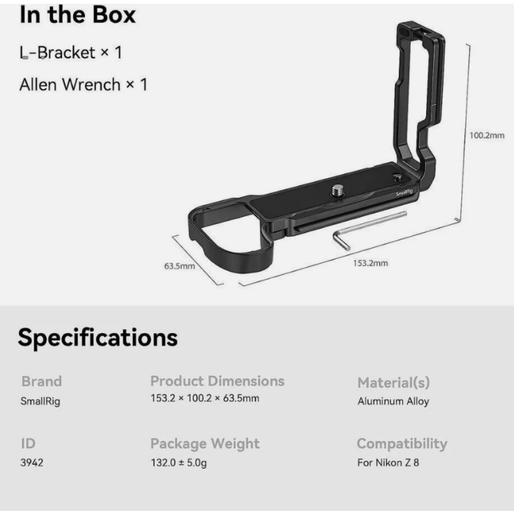 SmallRig Z 8 L-Bracket for Nikon Camera Quick Release L-Shape Mount Plate -3942