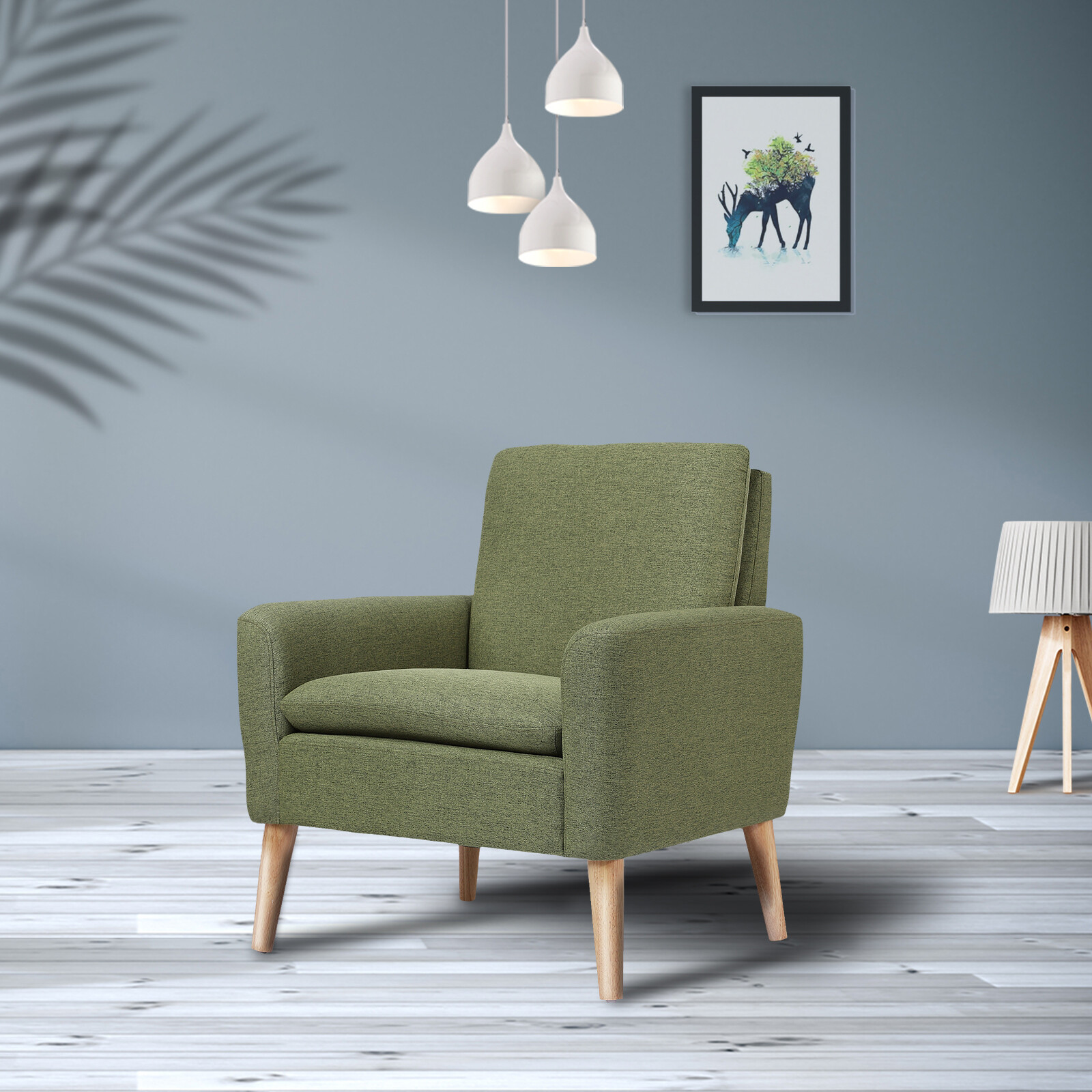 Living Room Armchair Modern Accent Single Sofa Linen Fabric Upholstered Green
