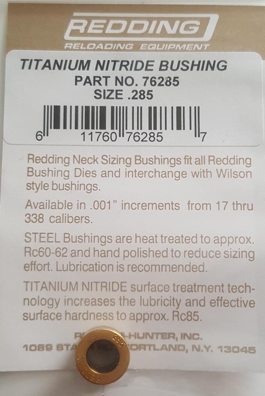 76285 REDDING TITANIUM NITRIDE .285 NECK SIZE BUSHING - BRAND NEW - FREE SHIP
