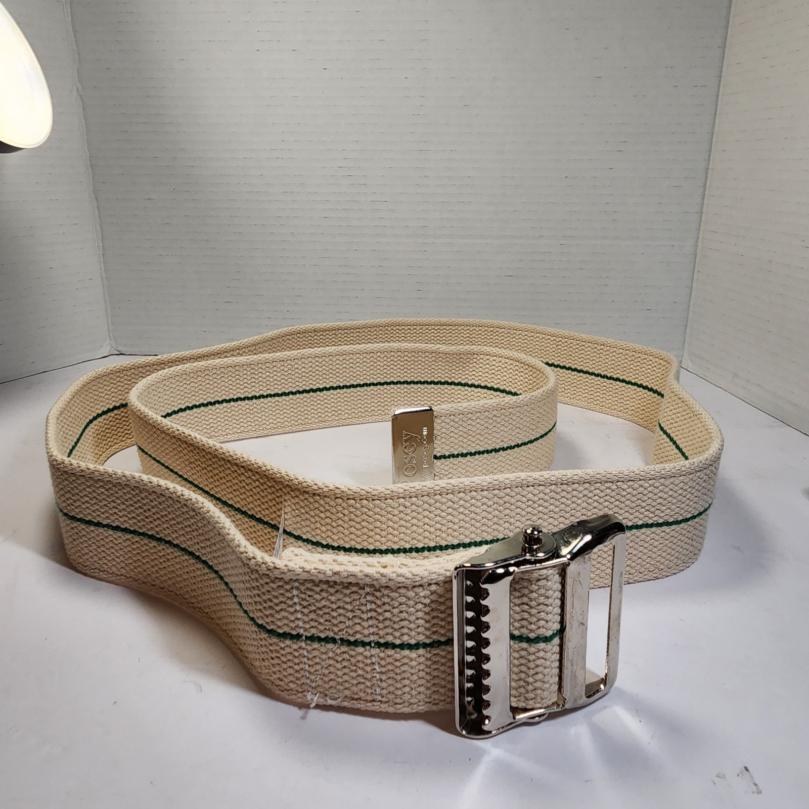 Posey 64"L Cotton Gait Transfer Belt 2" White w/ Green Stripe