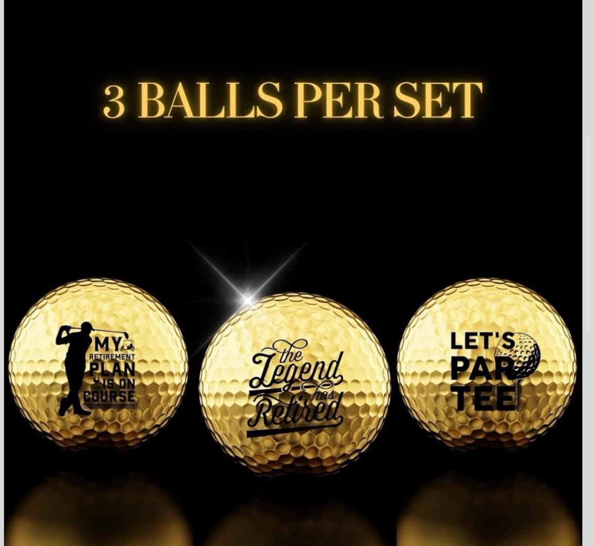 3 Pack Gold Color Golf Balls  Retirement Gift