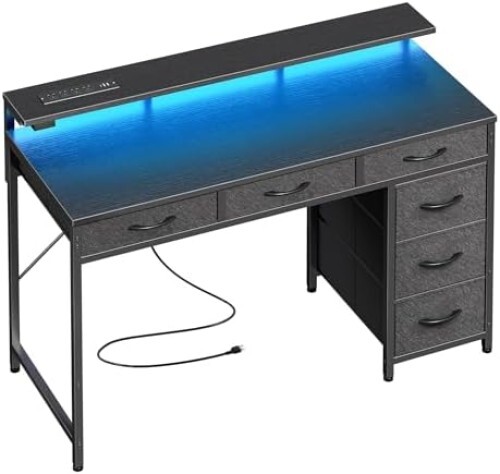 Gaming Desk 39" with 6 Drawers, LED Lights, Power Outlets, Monitor Stand, Black