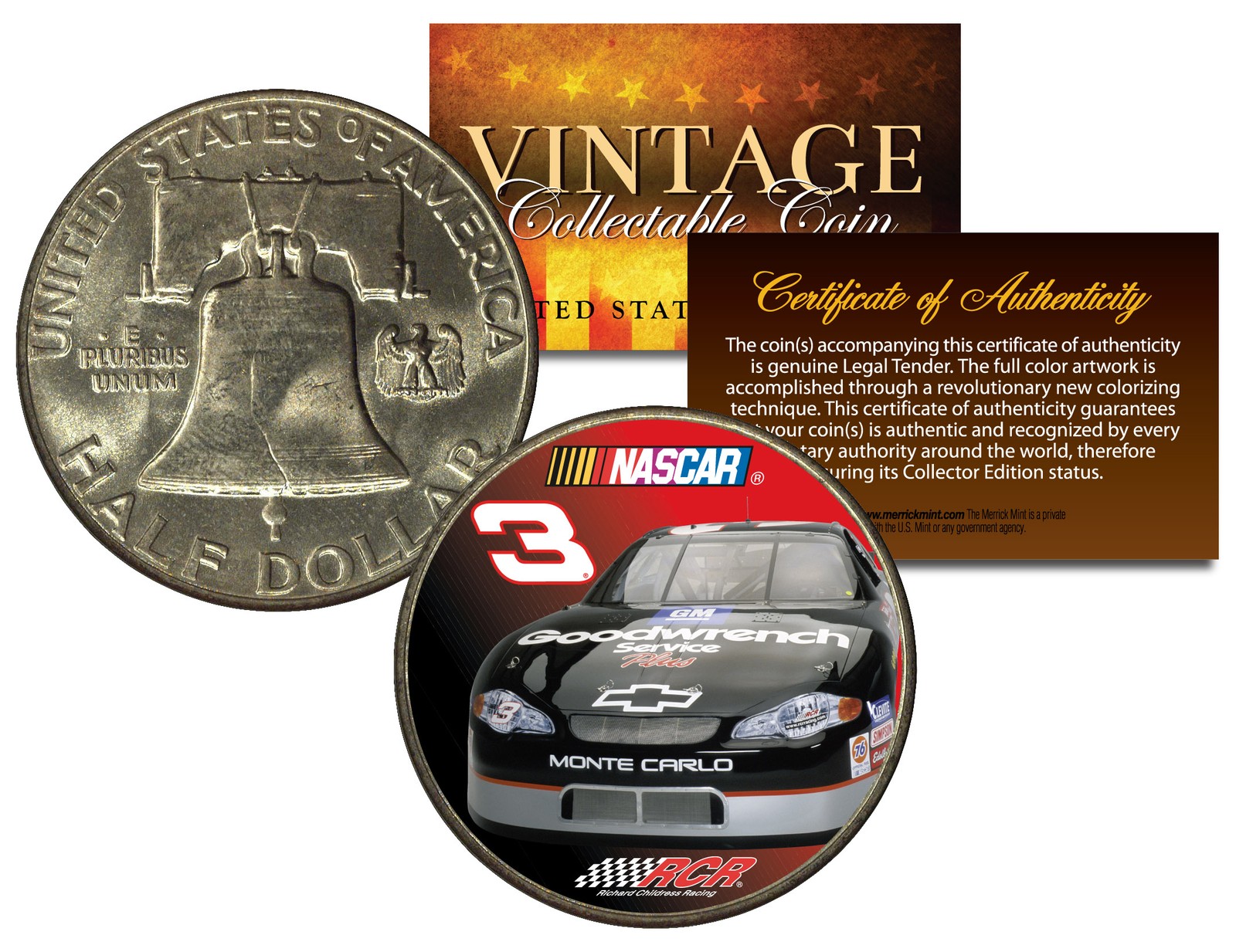 DALE EARNHARDT * #3 NASCAR * Colorized 1951 Franklin Silver Half Dollar US Coin