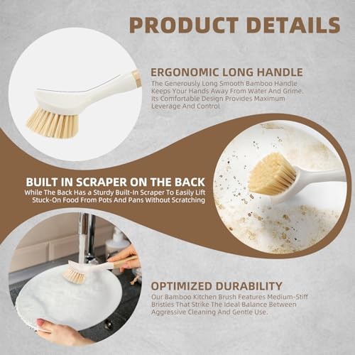 Dish Brush with Built-in Scraper - 4 Pack Bamboo Dish Scrubber Brush with